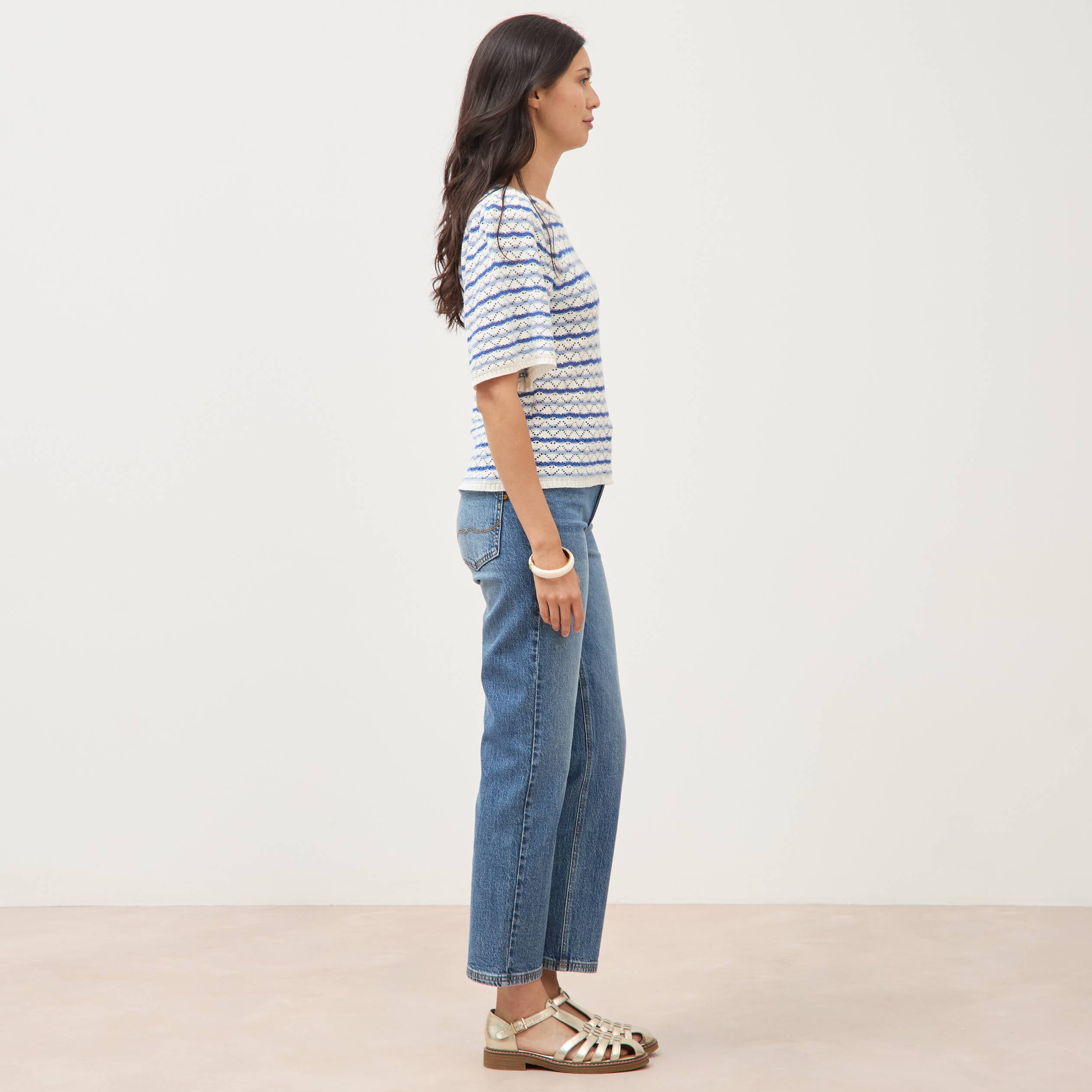 Pull col bateau manches courtes bleu femme