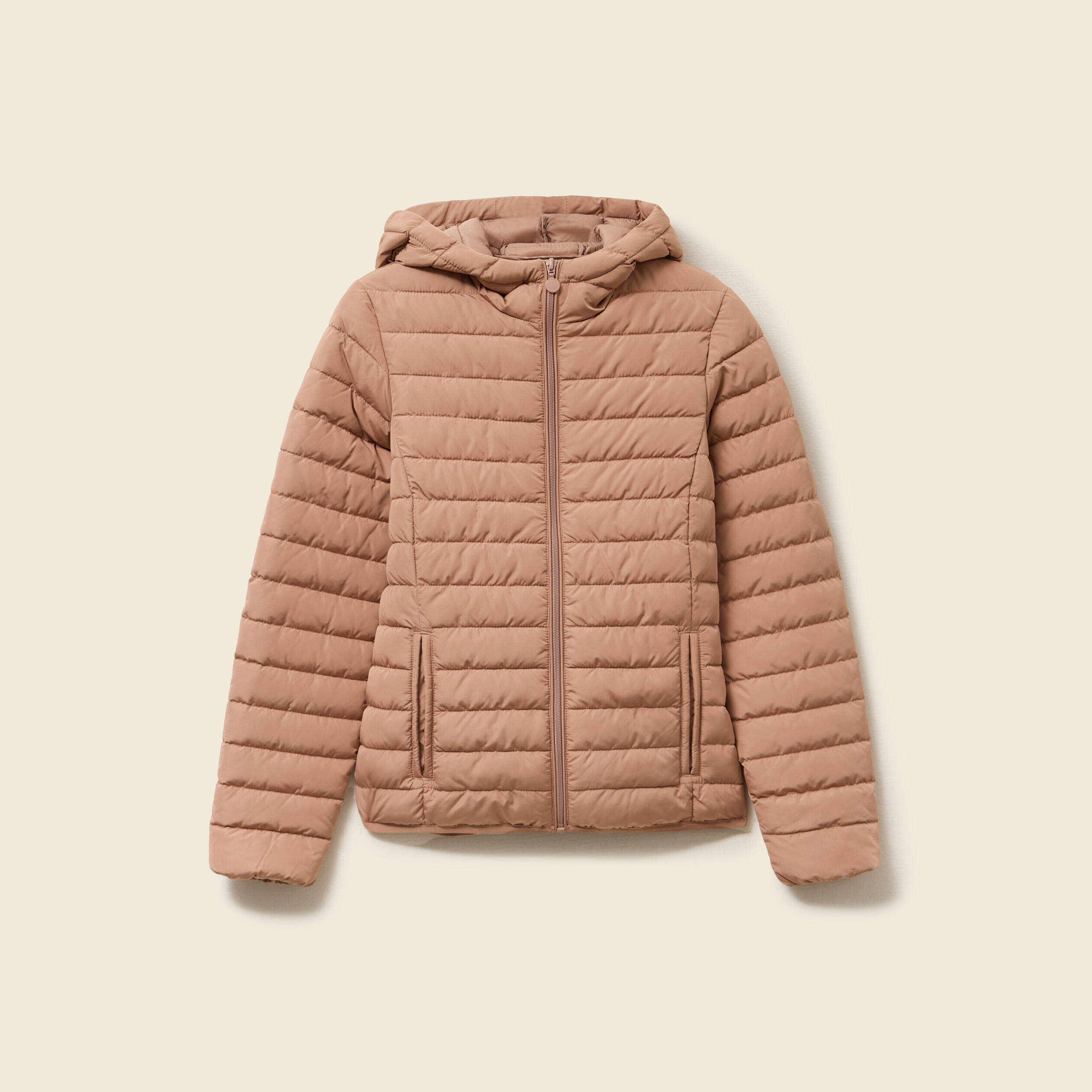Doudoune ajust&eacute;e mi-longue &agrave; capuche marron clair femme