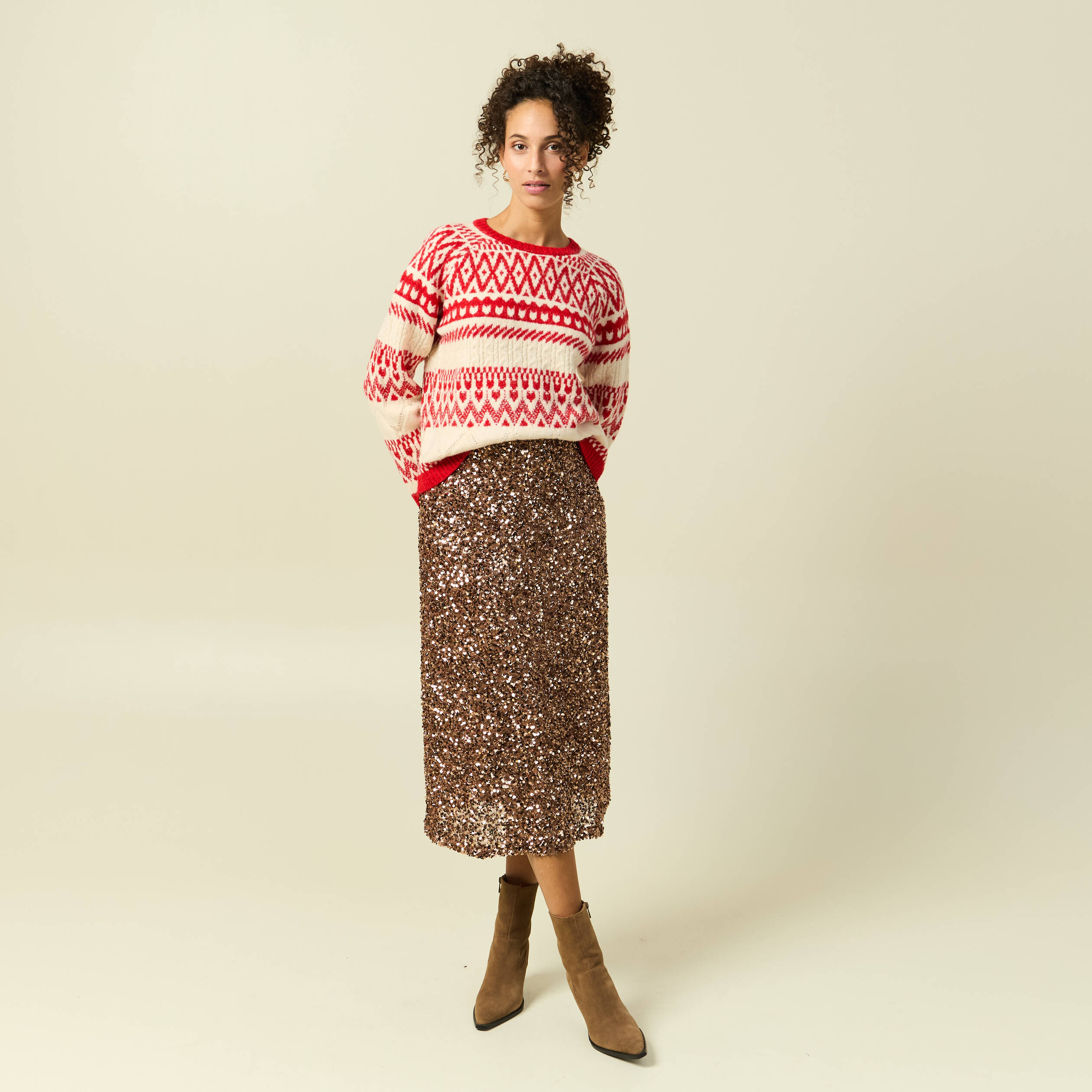 Pull manches longues col rond rouge femme