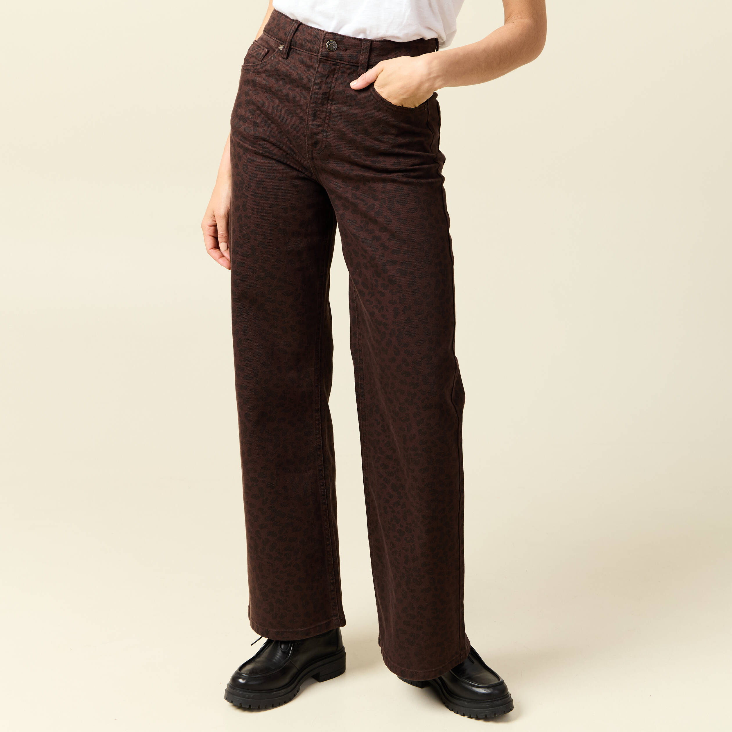 pantalon large taille haute en jeans marron cognac femme Pantalon large taille haute en jeans marron cognac femme
