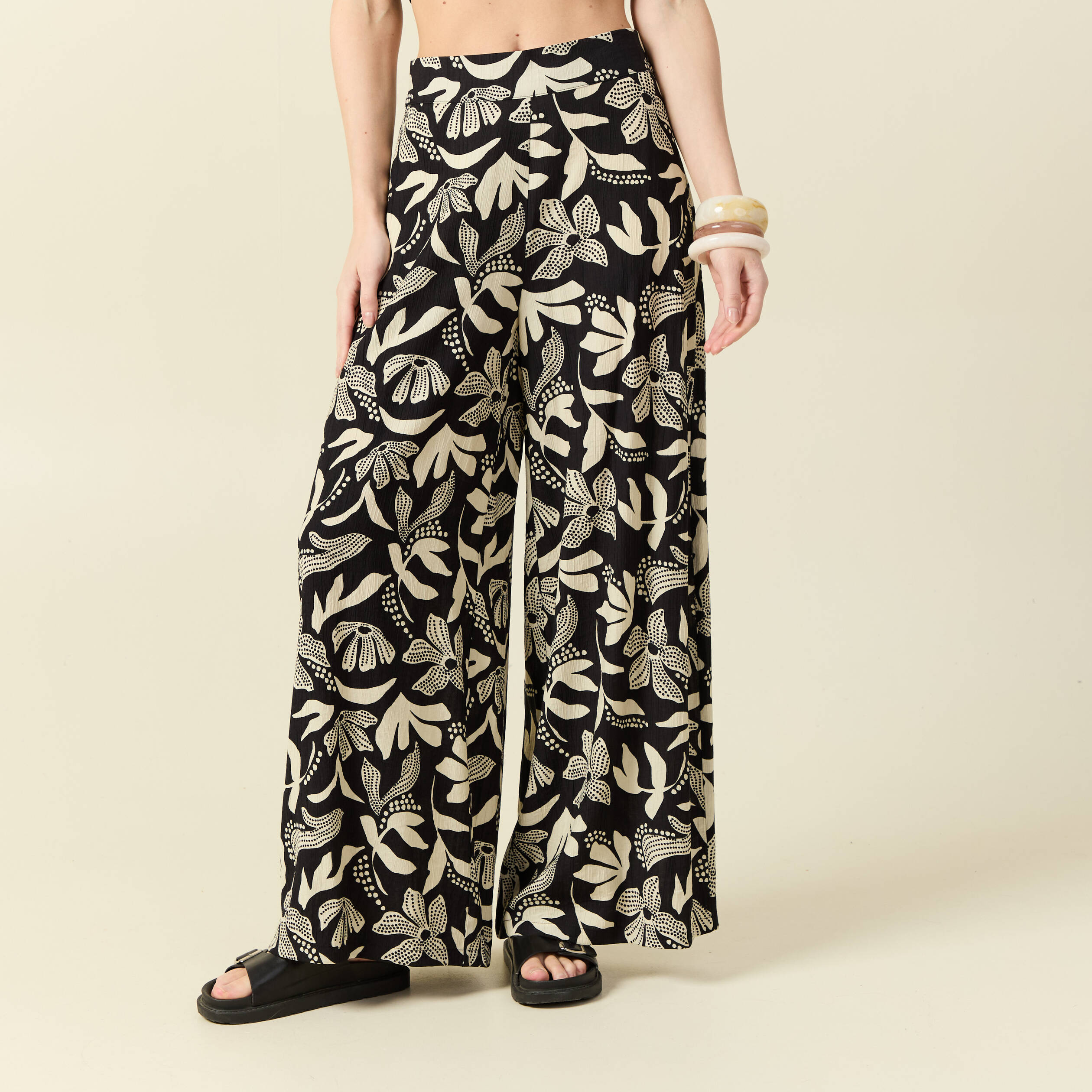 Pantalon large taille haute noir femme