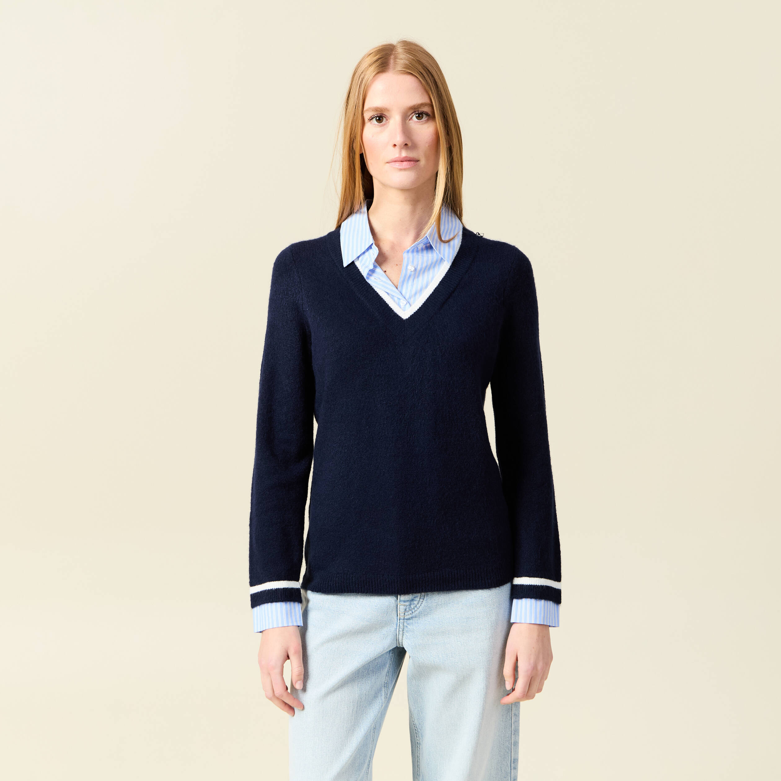 pull manches longues 2 en 1 bleu fonce femme Pull manches longues 2-en-1 bleu foncé femme