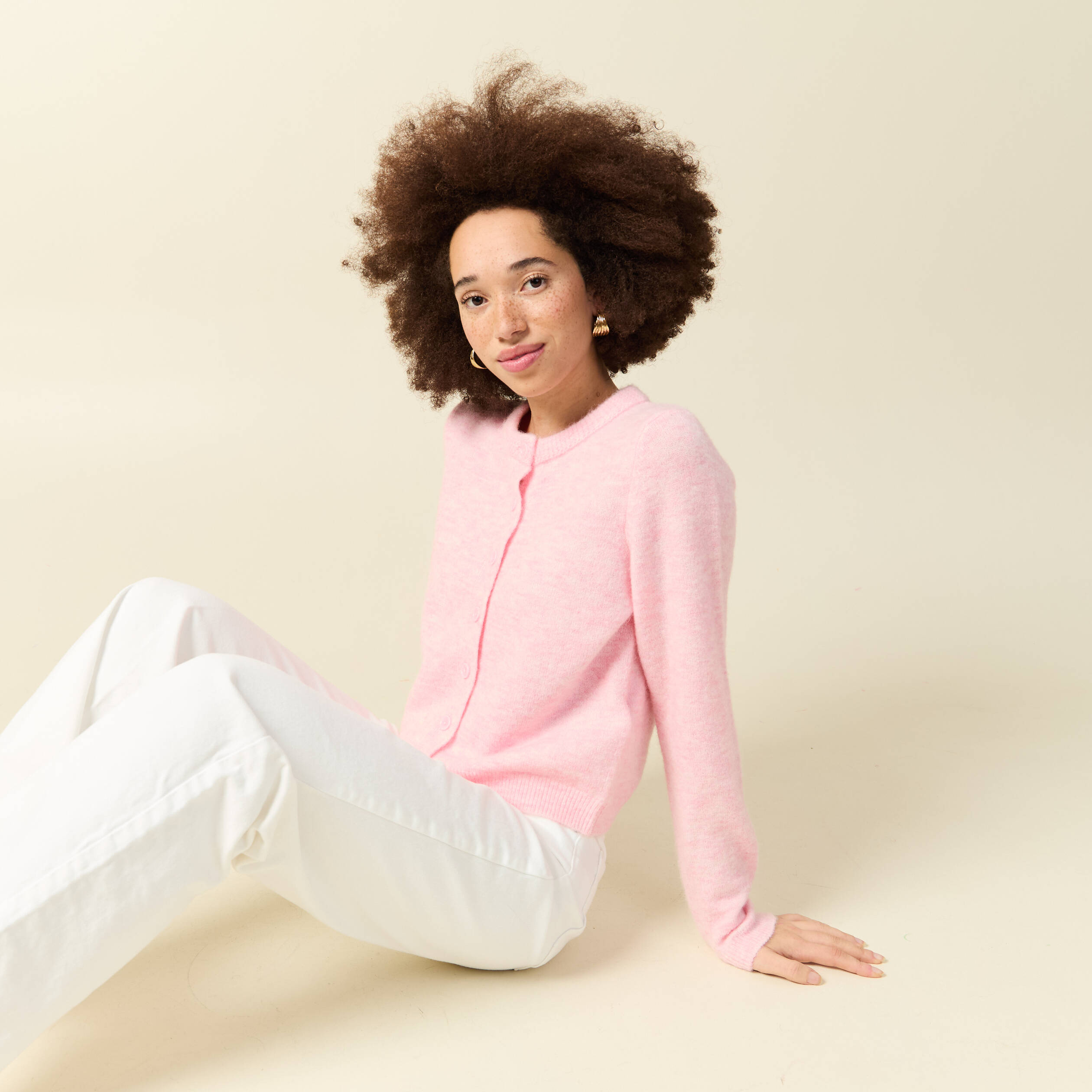 Gilet col rond rose clair femme