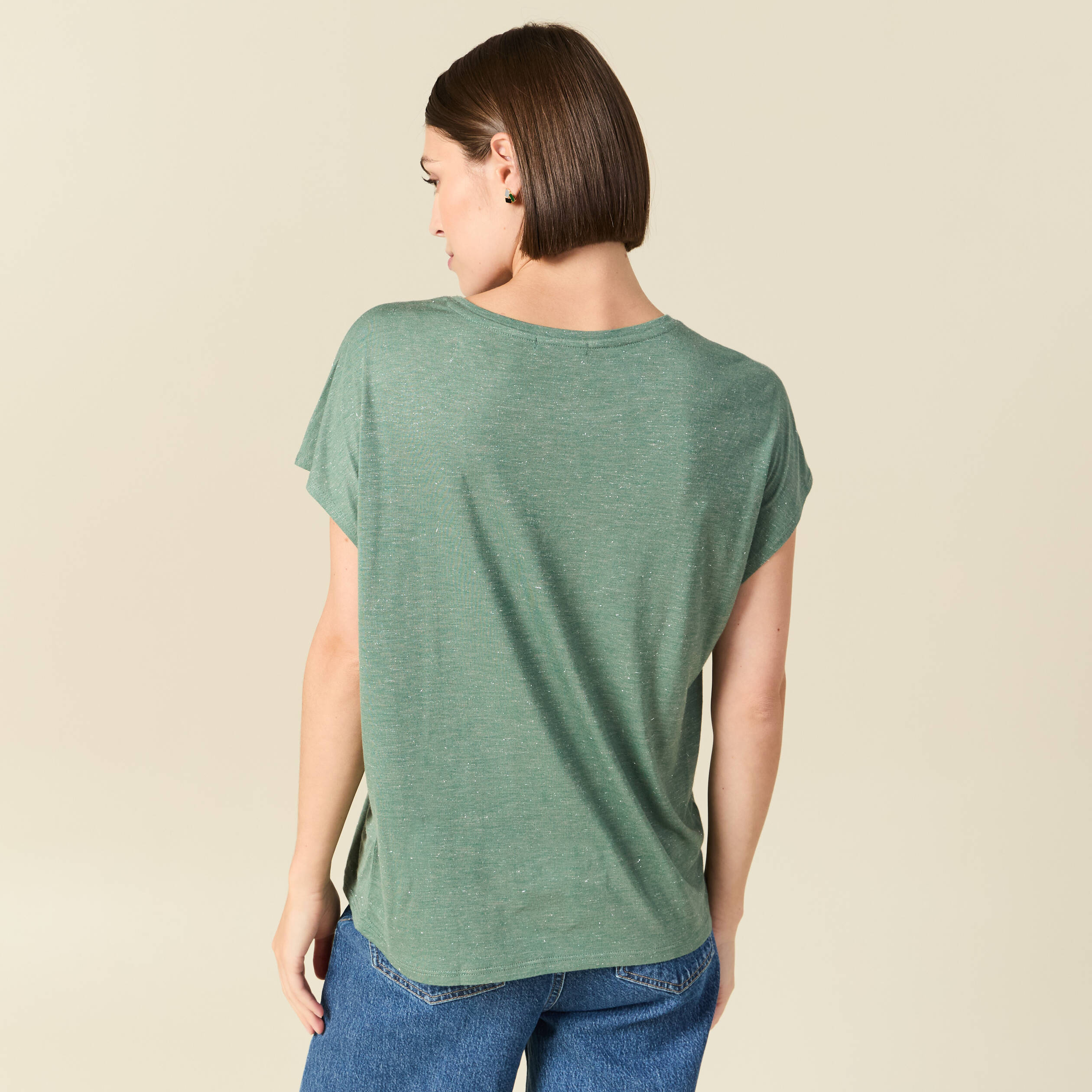 T-shirt droit court manches courtes vert fonc&eacute; femme