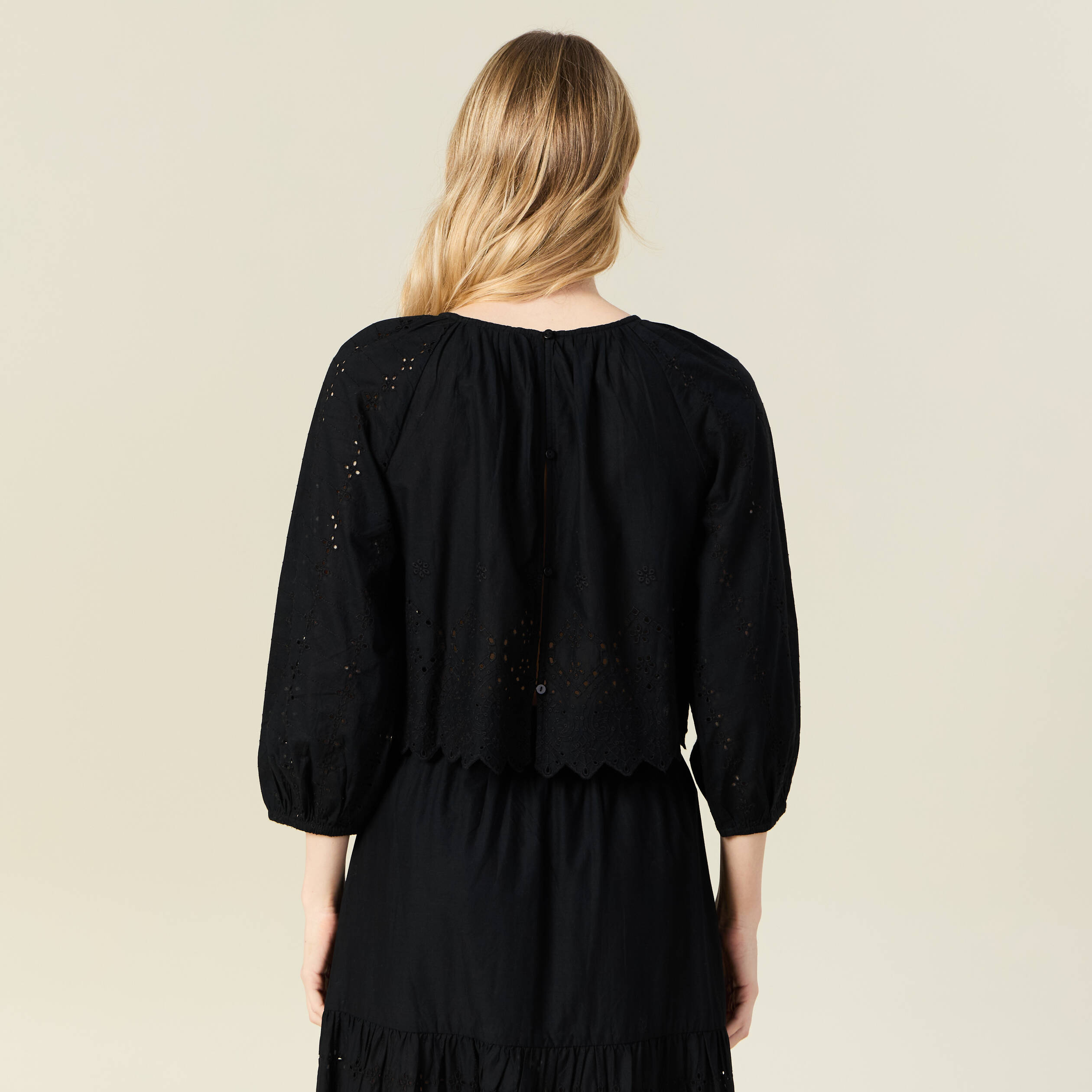 blouse manches 34 brodee noir femme Blouse manches 3/4 brodée noir femme