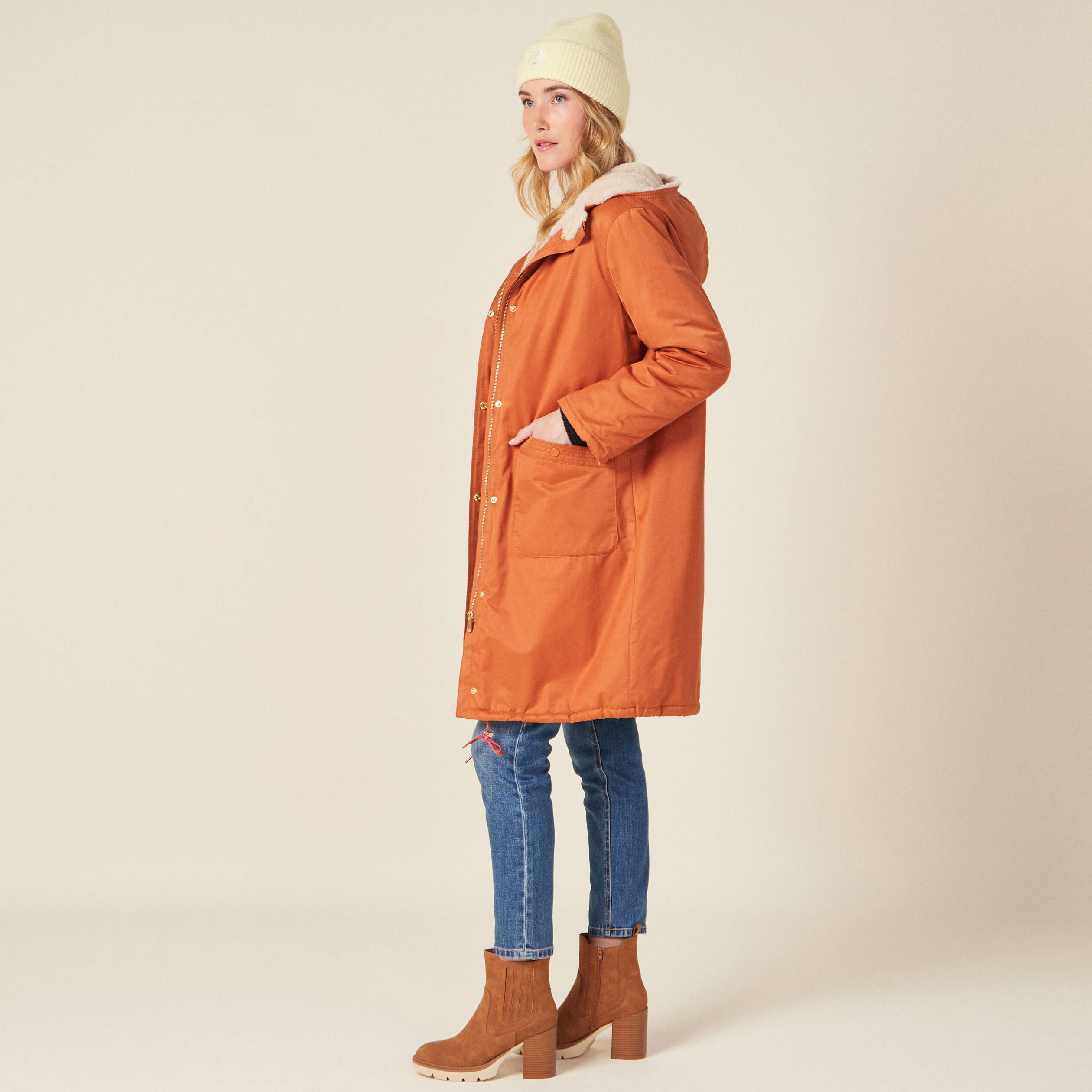Parka droite à capuche doublée orange foncé femme