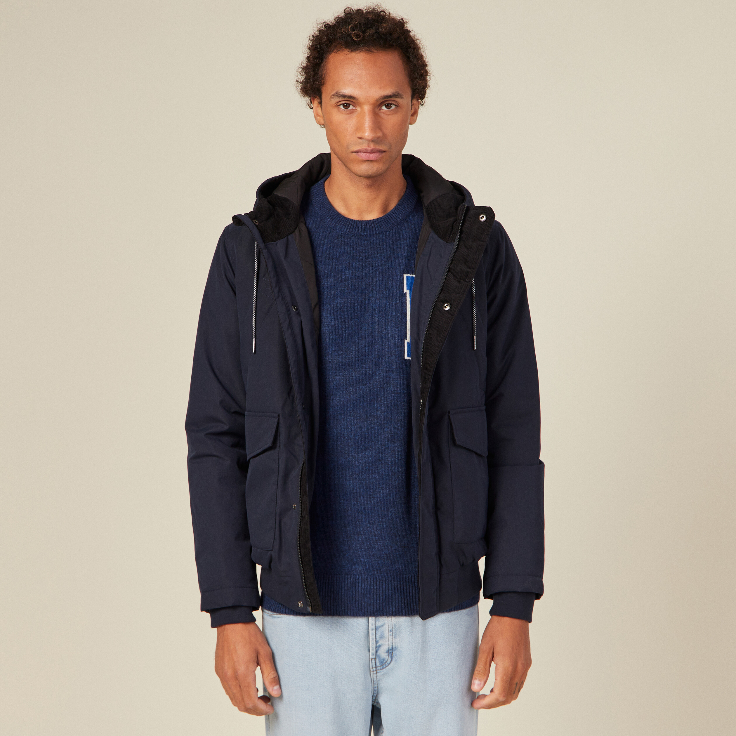 Parka droite à capuche velours bleu marine homme