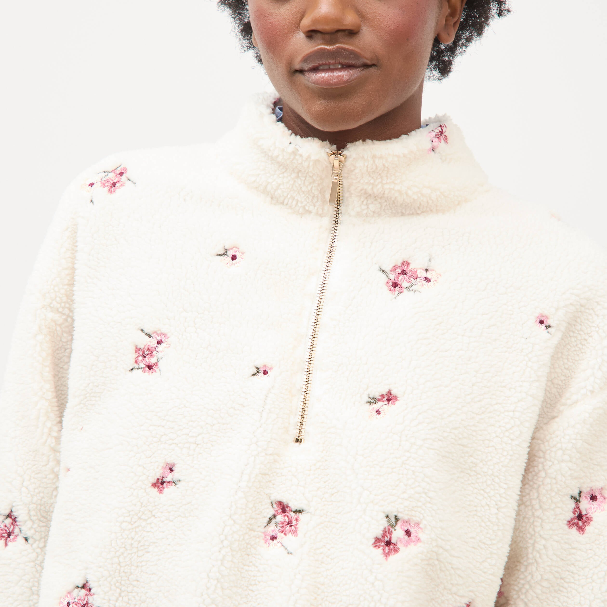 Sweat bouclette sherpa col montant ivoire femme