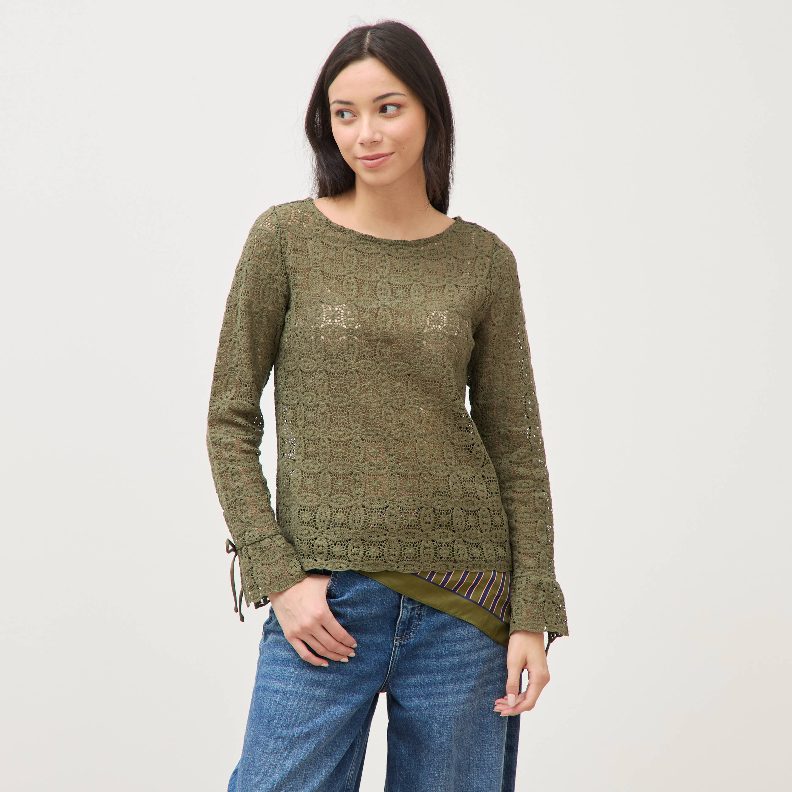 T-shirt manches longues en dentelle vert kaki femme