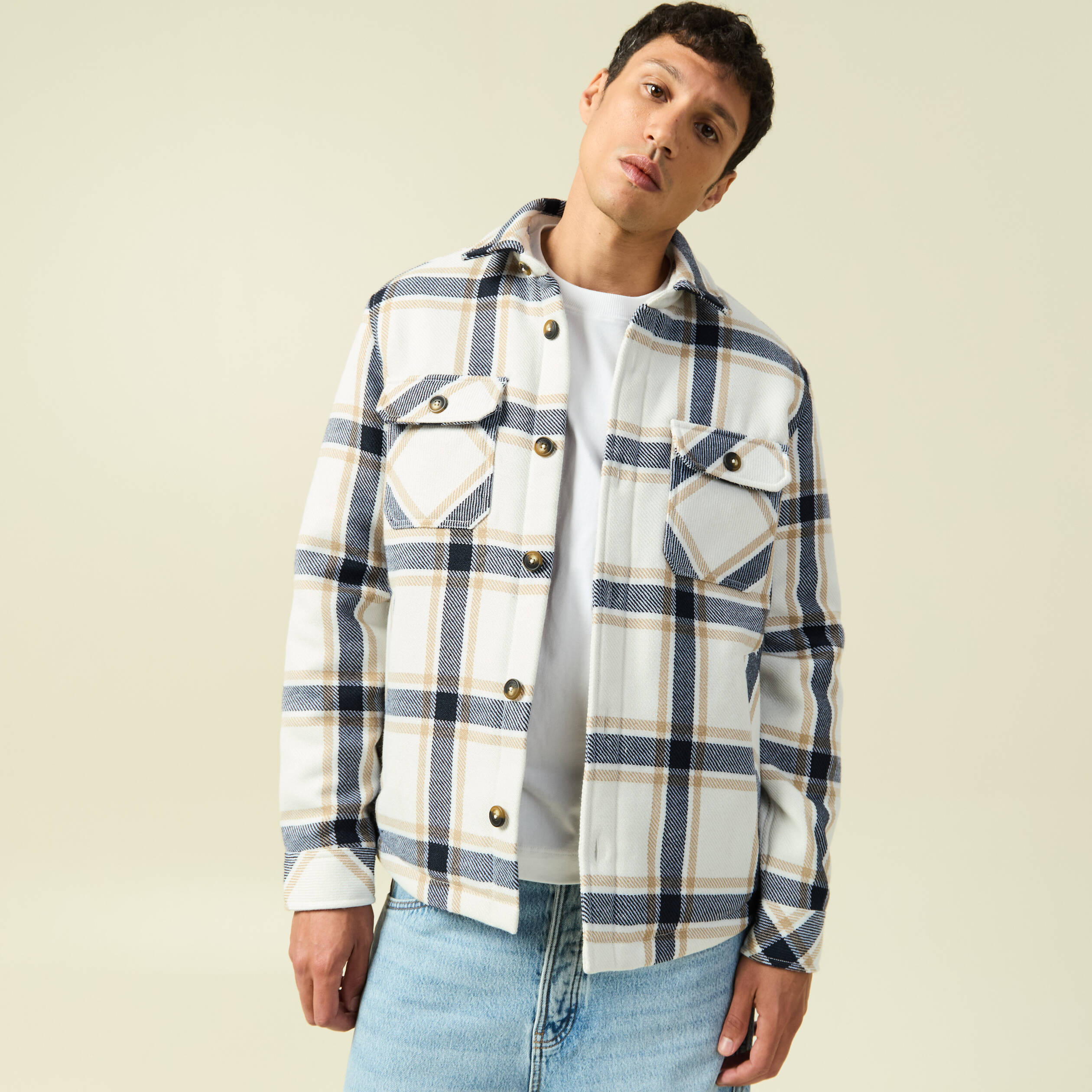 Surchemise oversize courte doubl&eacute;e bleu marine homme