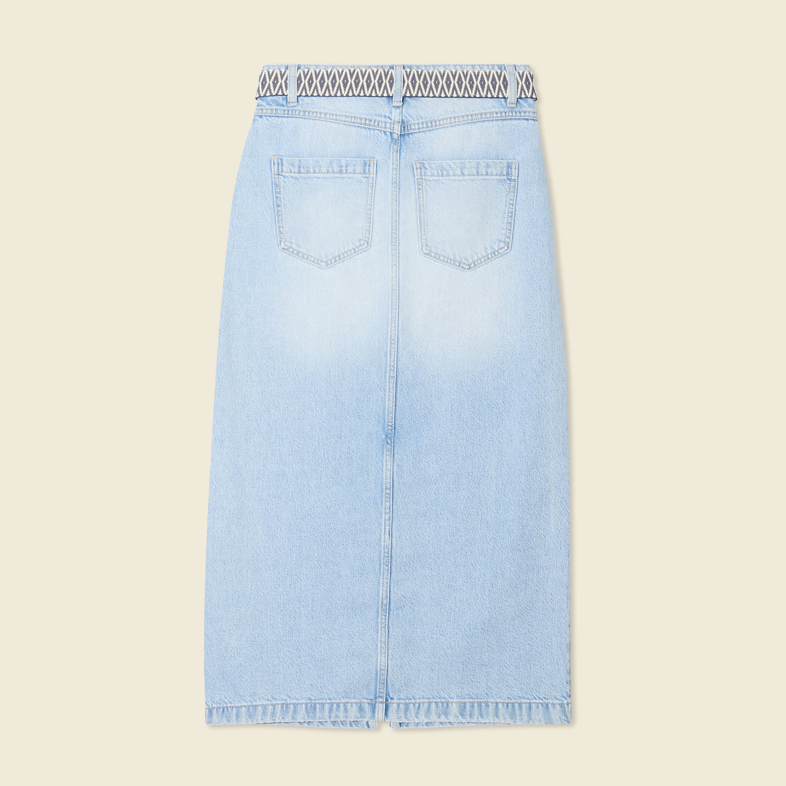 Jupe longue droite en jean denim bleach femme