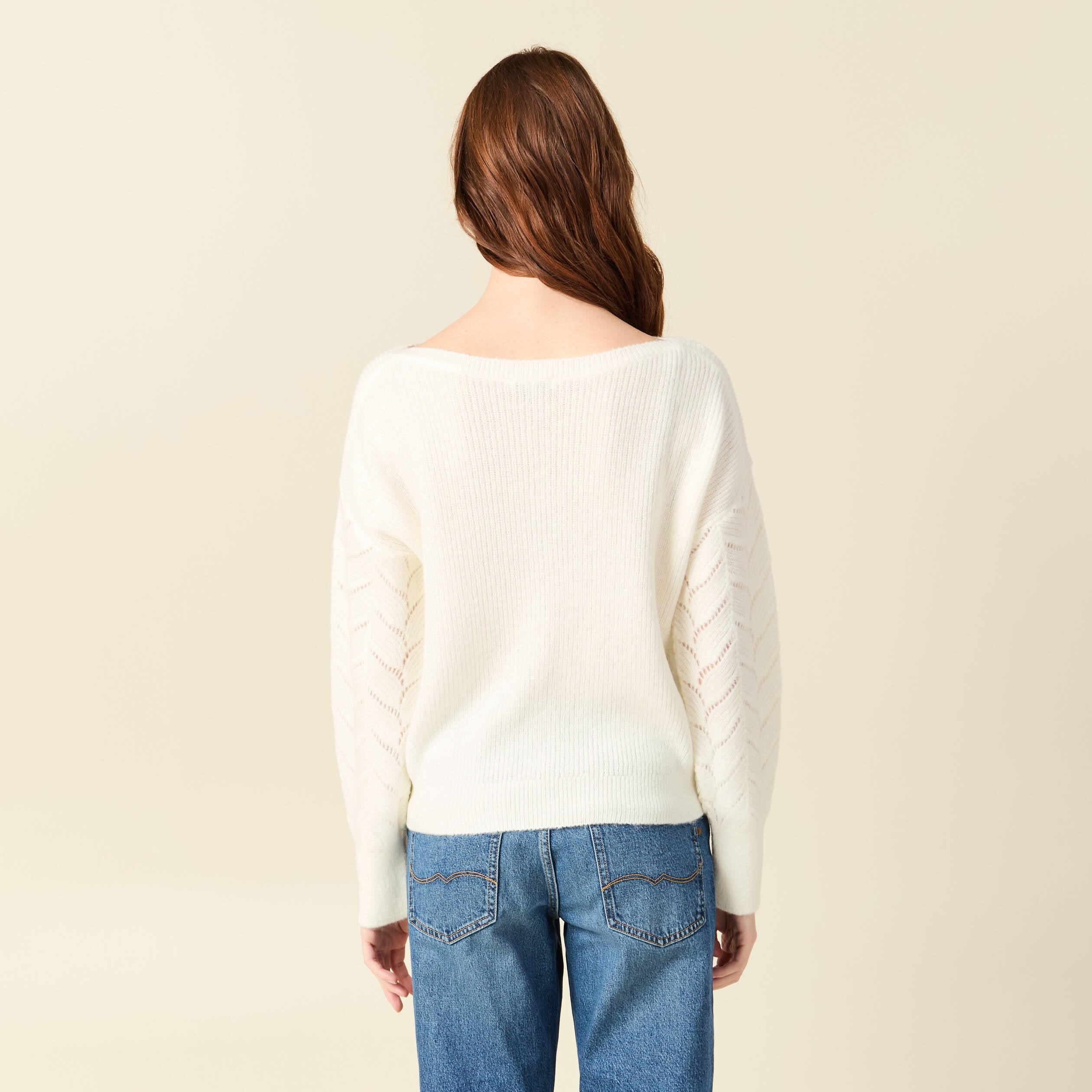 Pull ajour&eacute; col bateau manches longues ecru femme