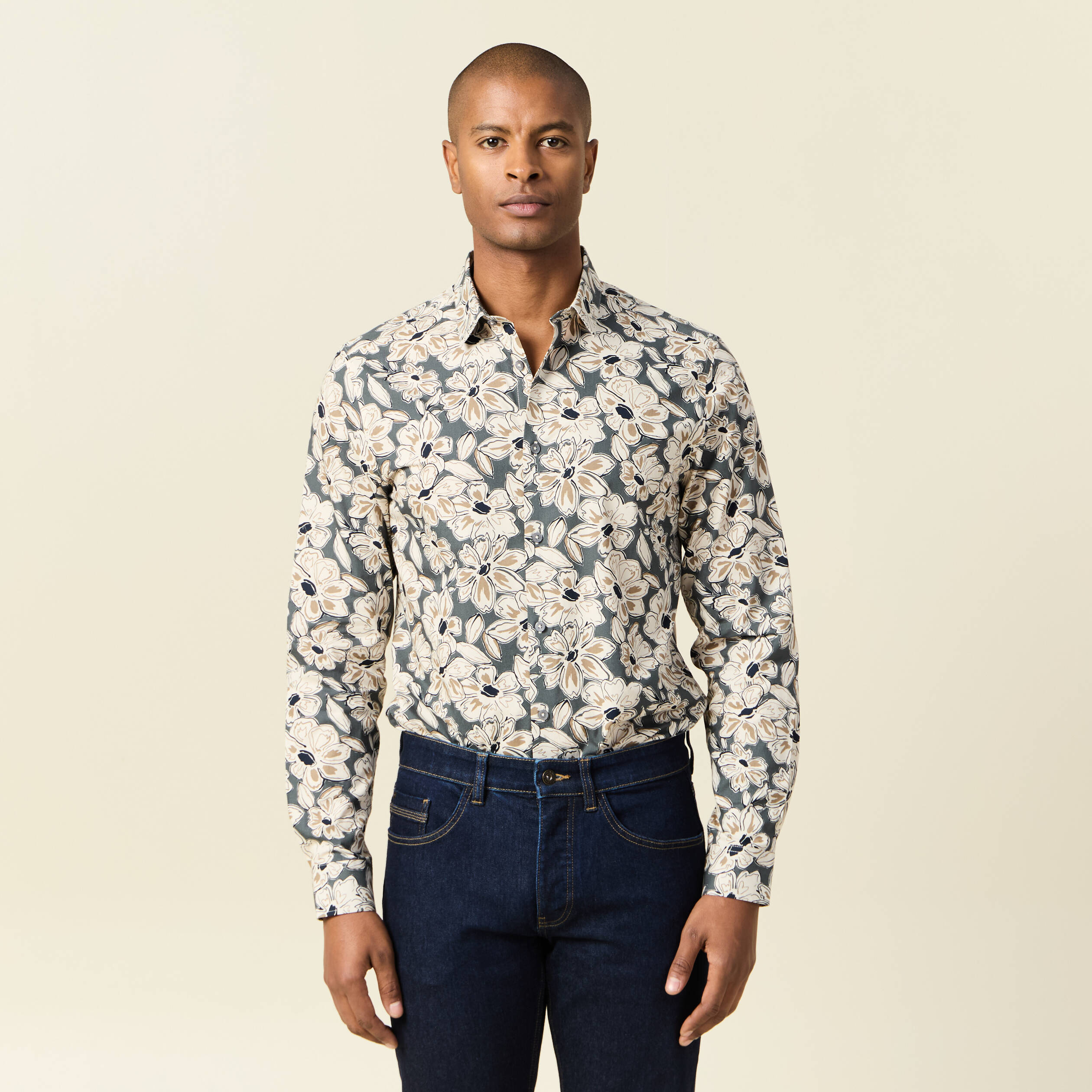 Chemise en coton manches longues beige homme