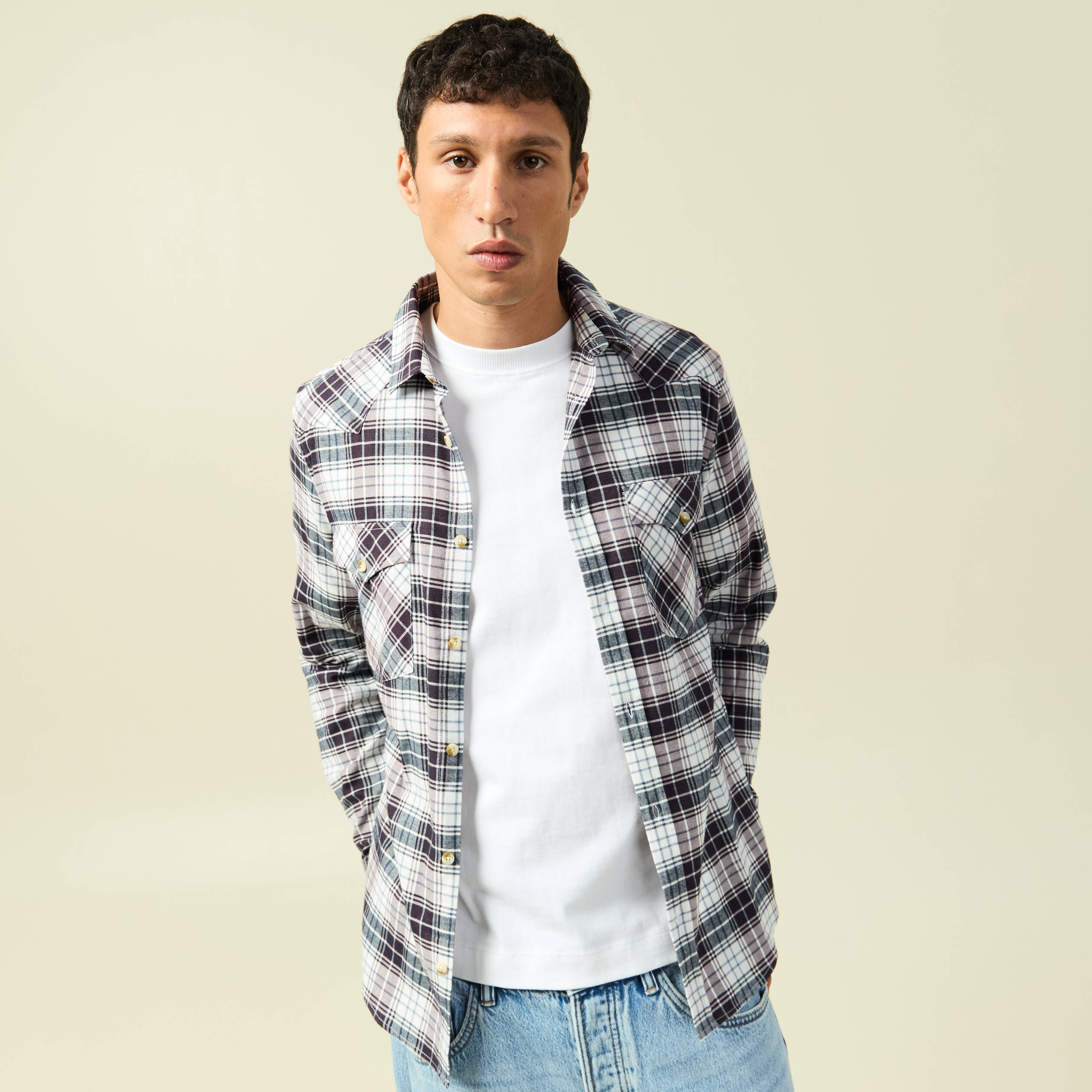 Chemise à carreaux manches longues ecru homme Bonobo