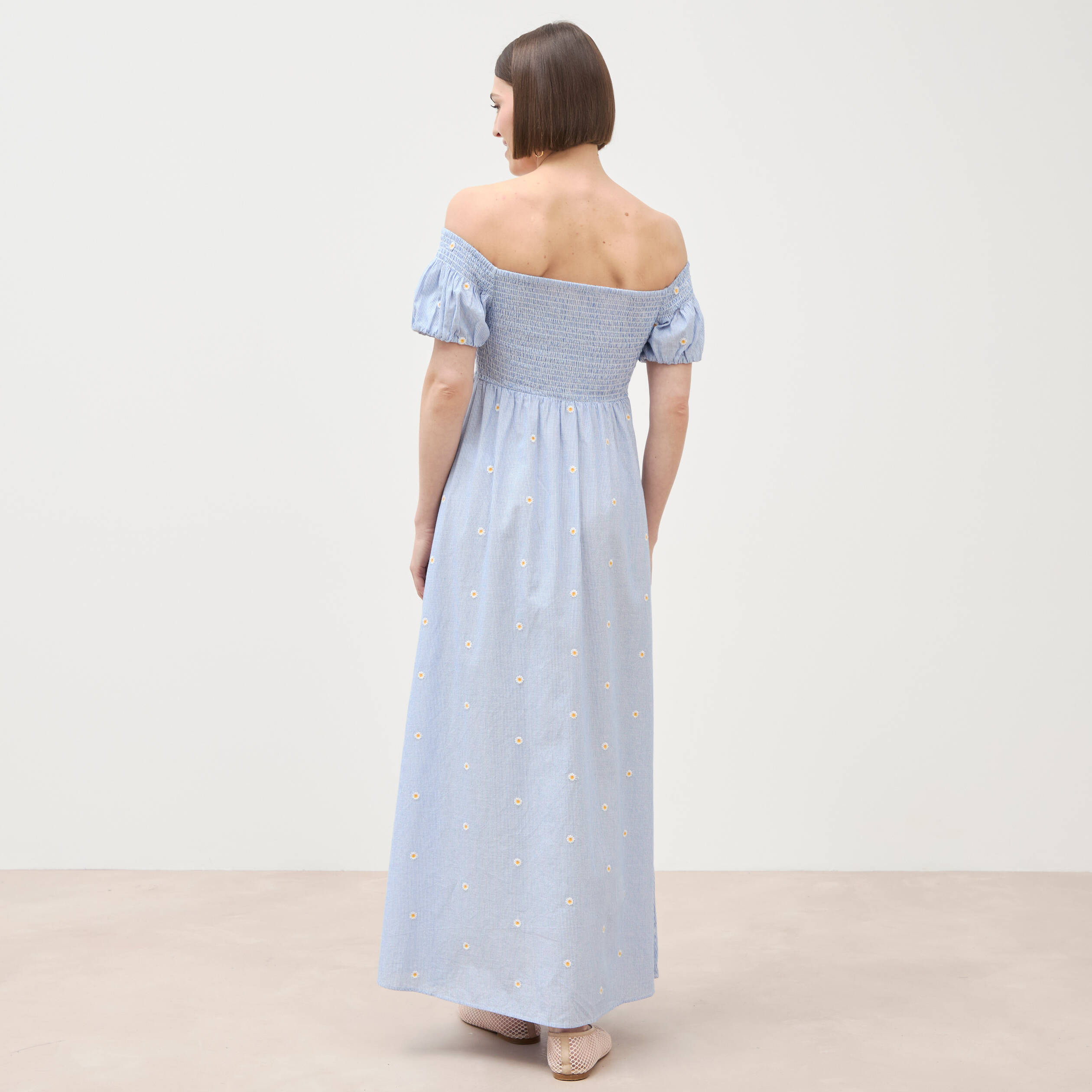 Robe col carr&eacute; manches courtes coton blanc femme