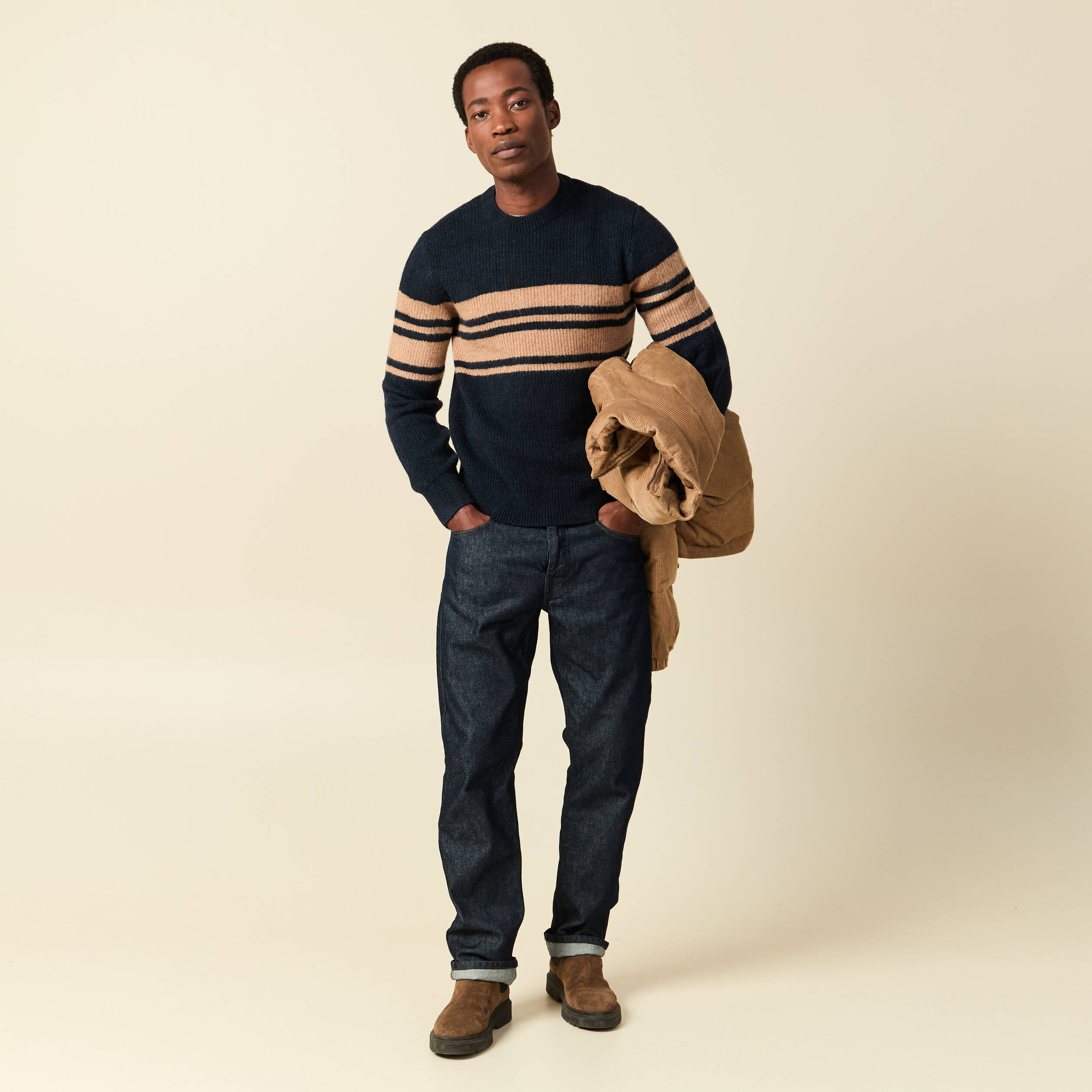 Pull manches longues col rond bleu marine homme