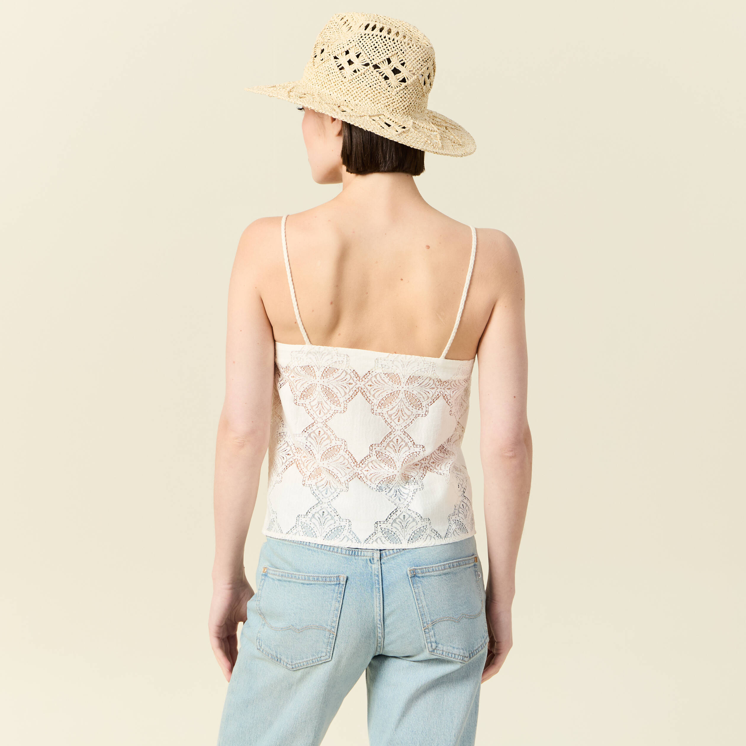 Débardeur droit court col carré dentelle ecru femme
