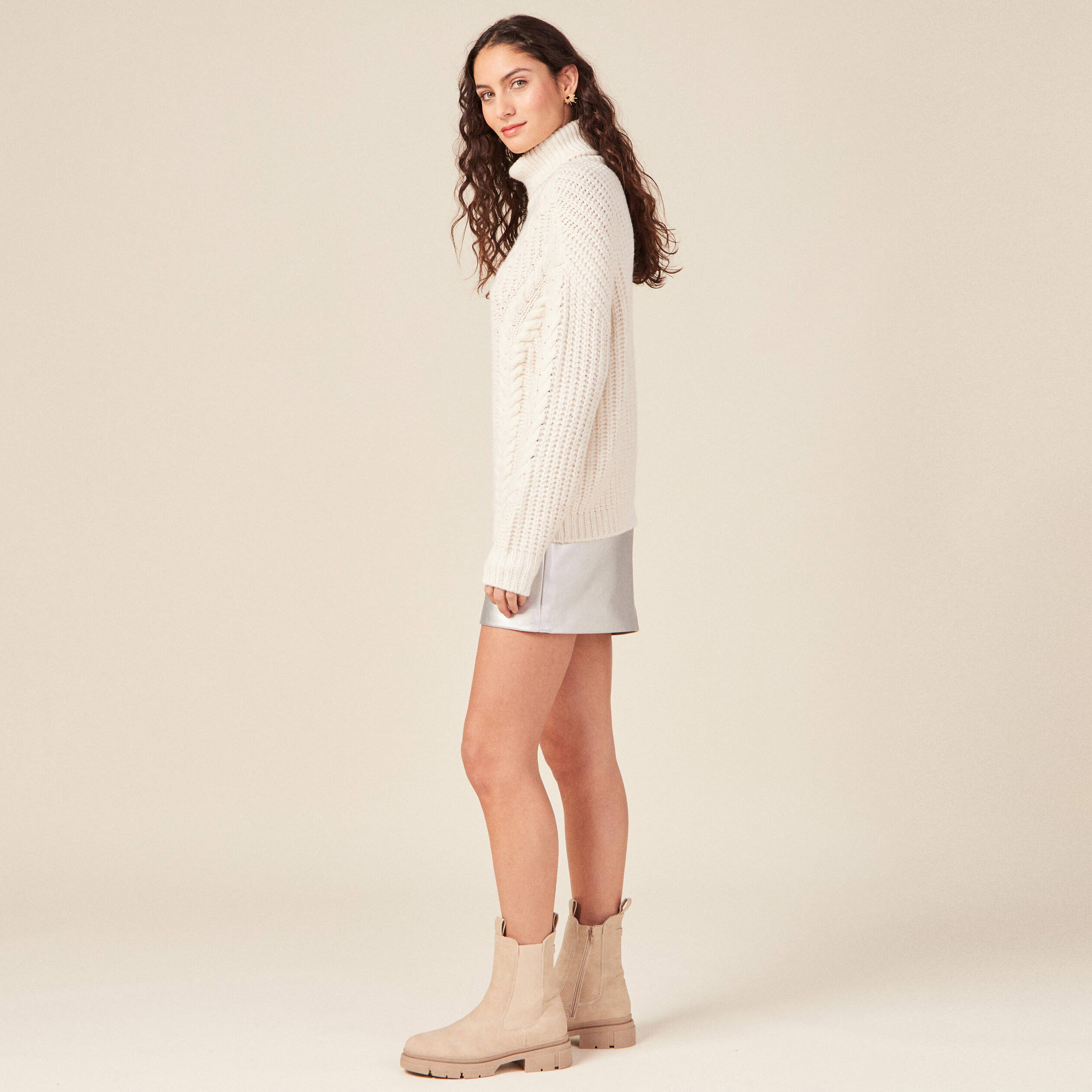 Pull manches longues col roulé ecru femme