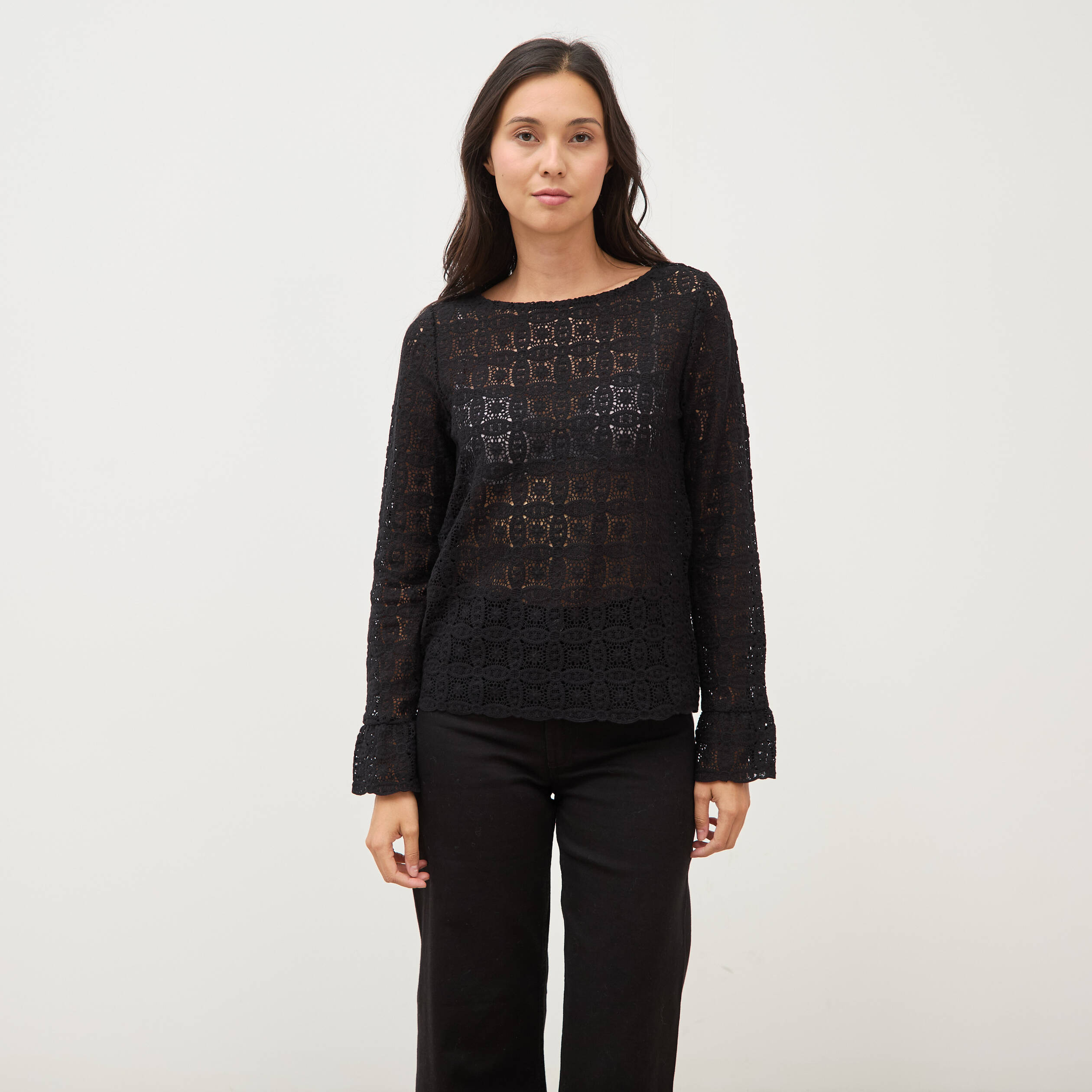 T-shirt manches longues en dentelle noir femme
