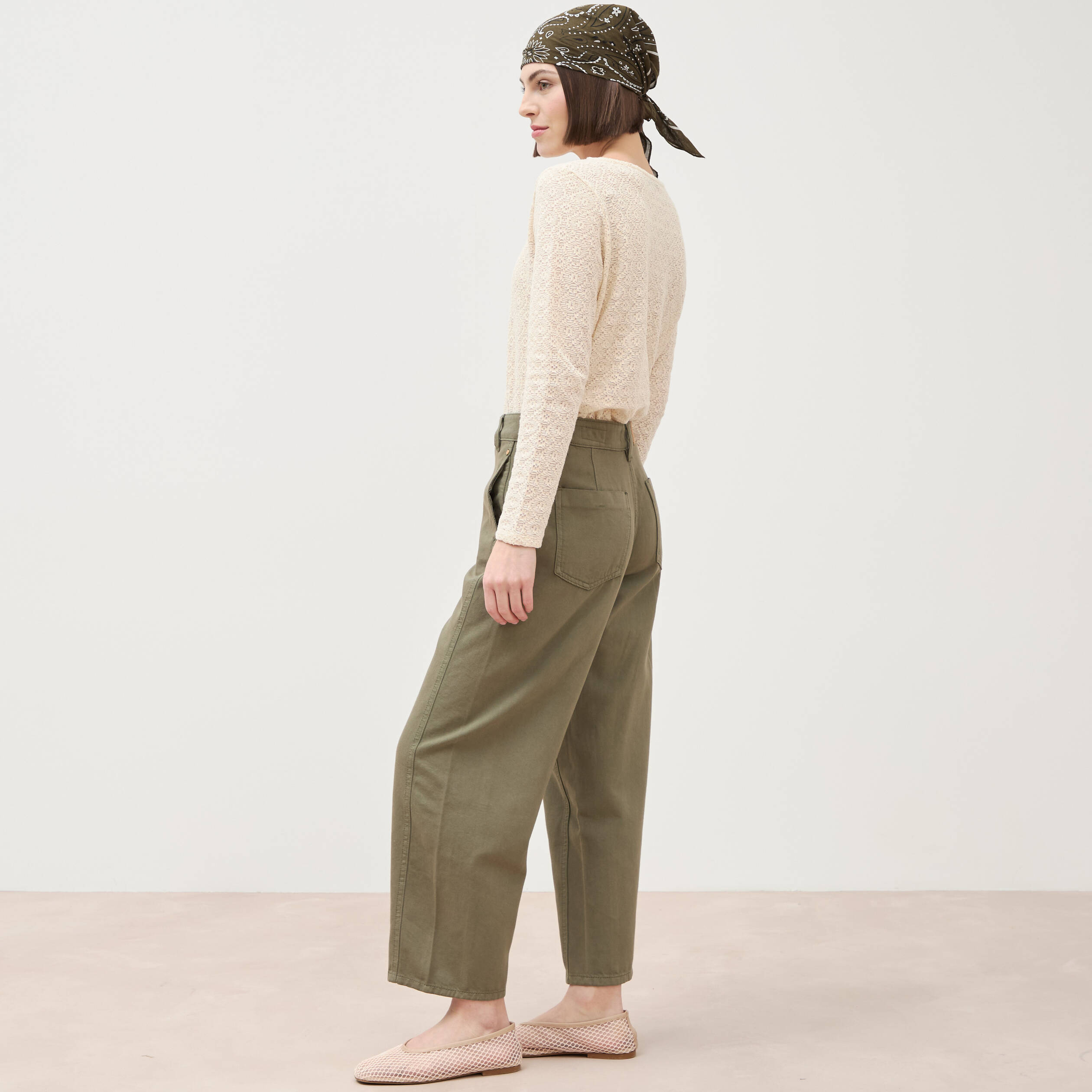 Jeans barrel taille haute vert kaki femme