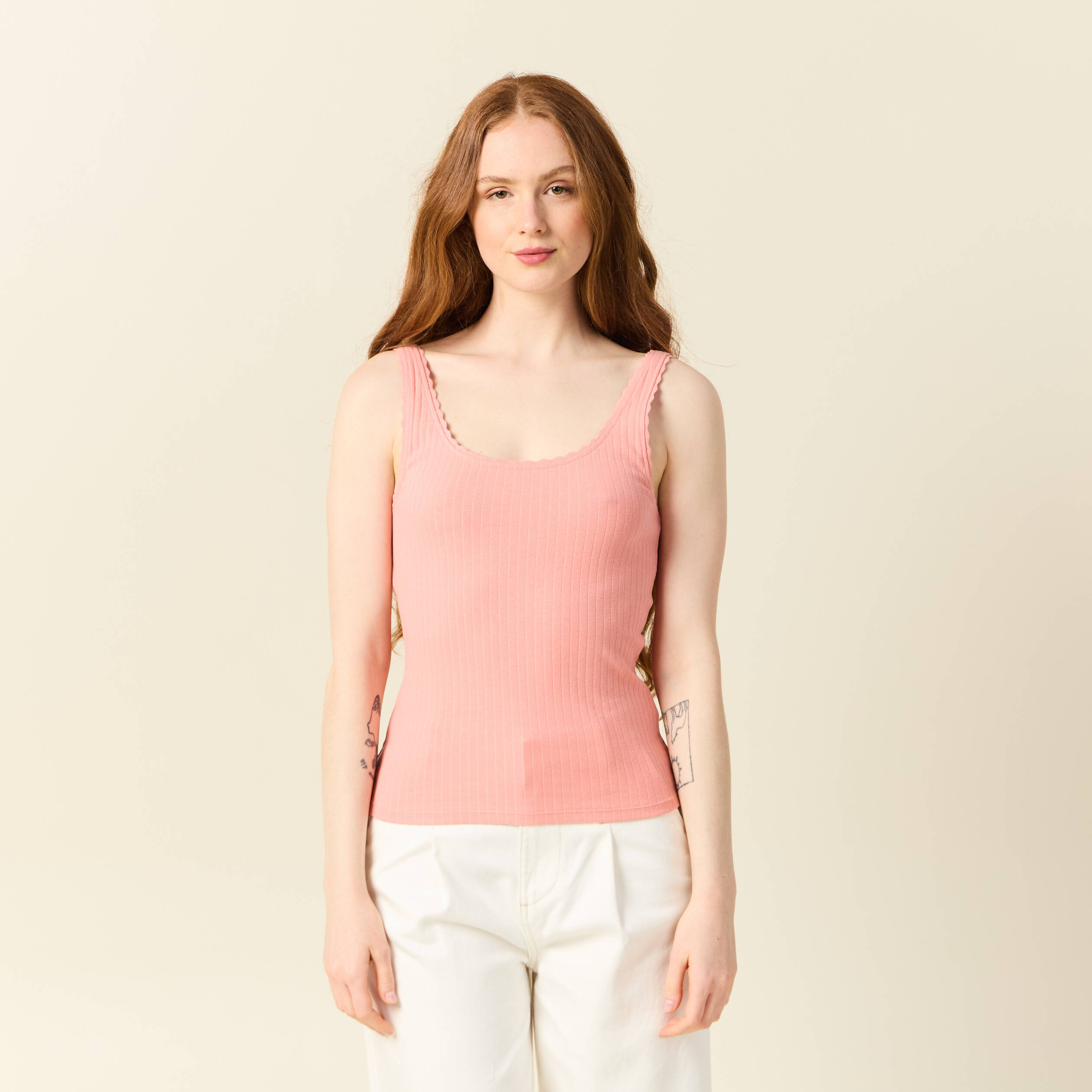 debardeur sans manches cotele rose saumon femme Débardeur sans manches côtelé rose saumon femme
