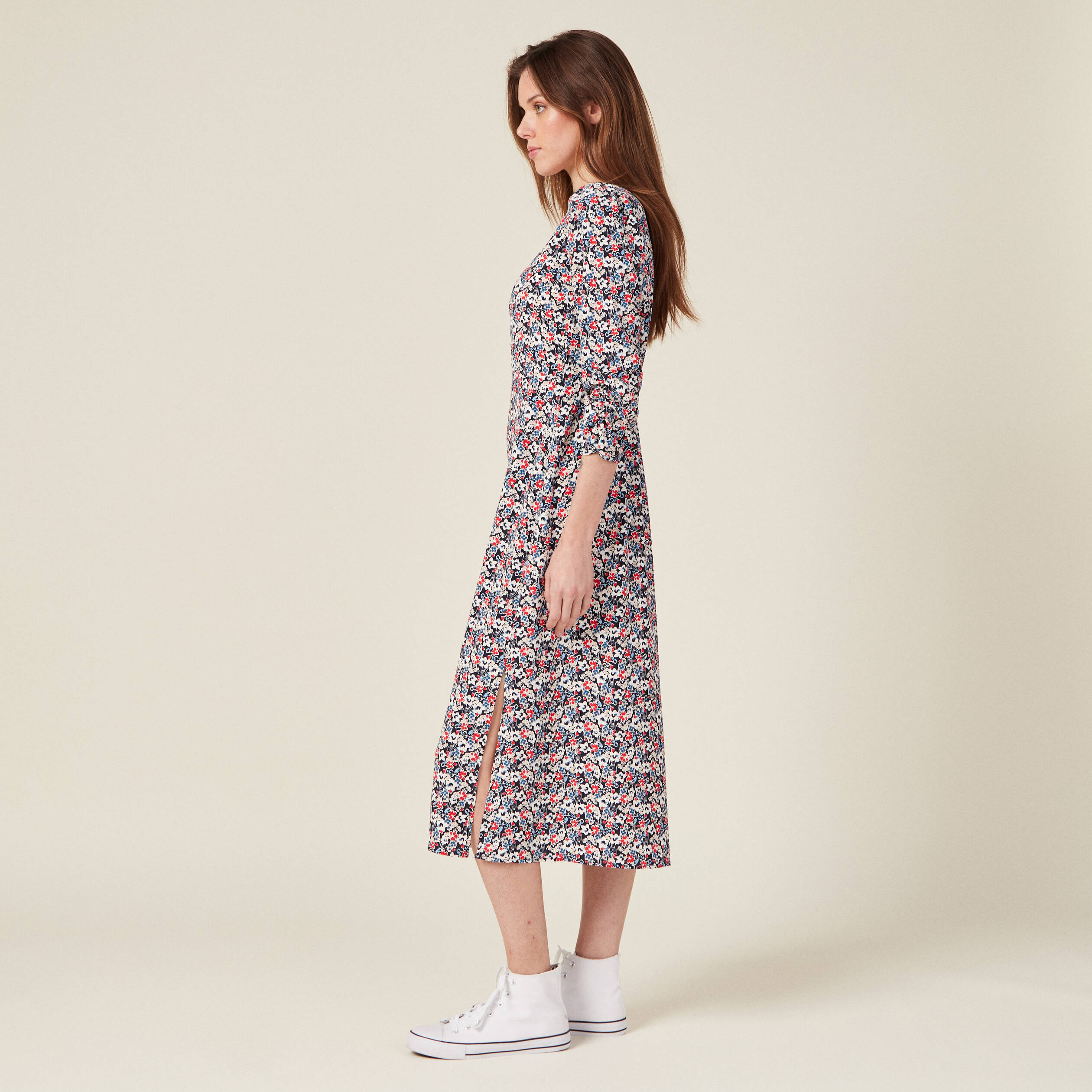 Robe cintr&eacute;e col v manches longues bleu marine femme