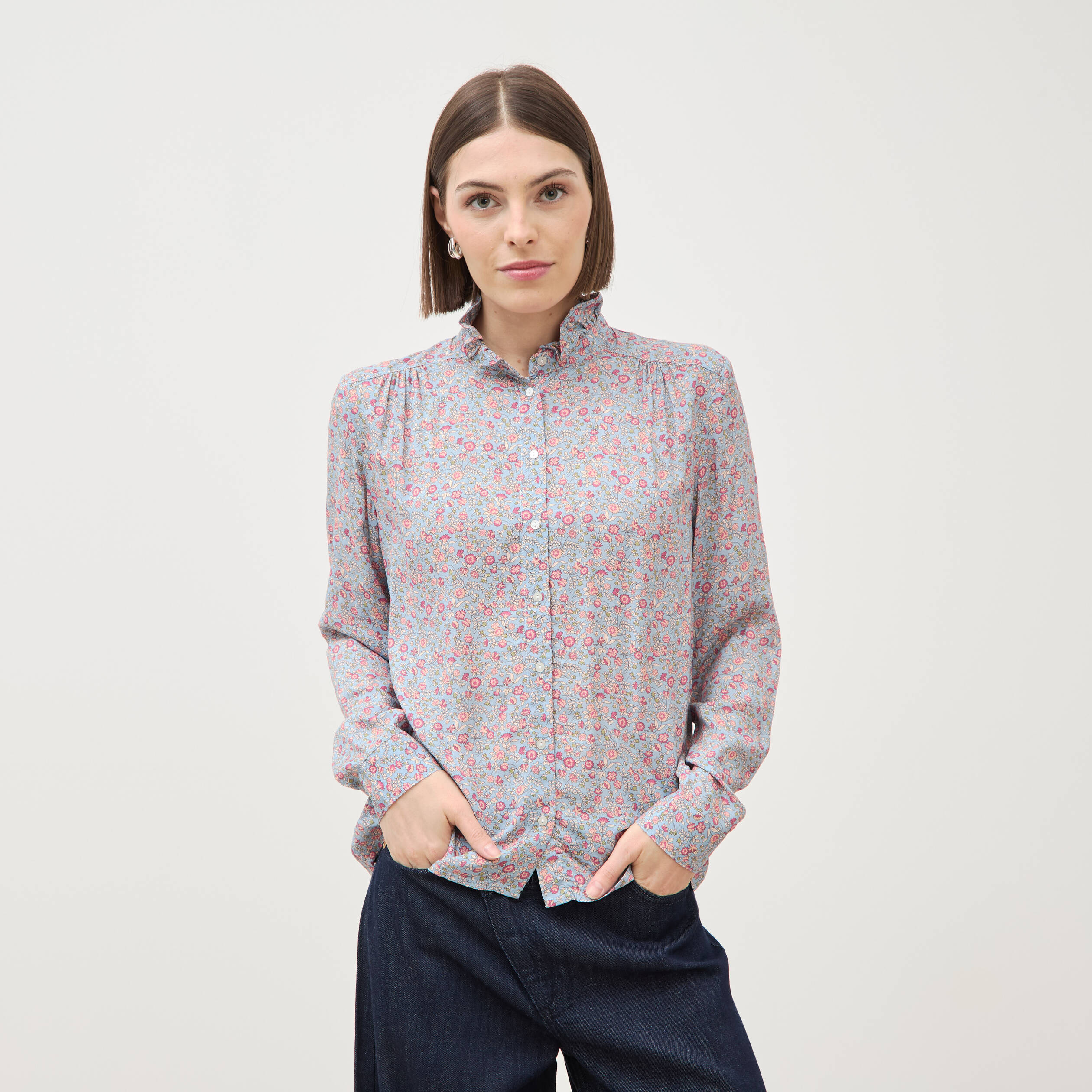 Chemise droite manches longues bleu gris femme