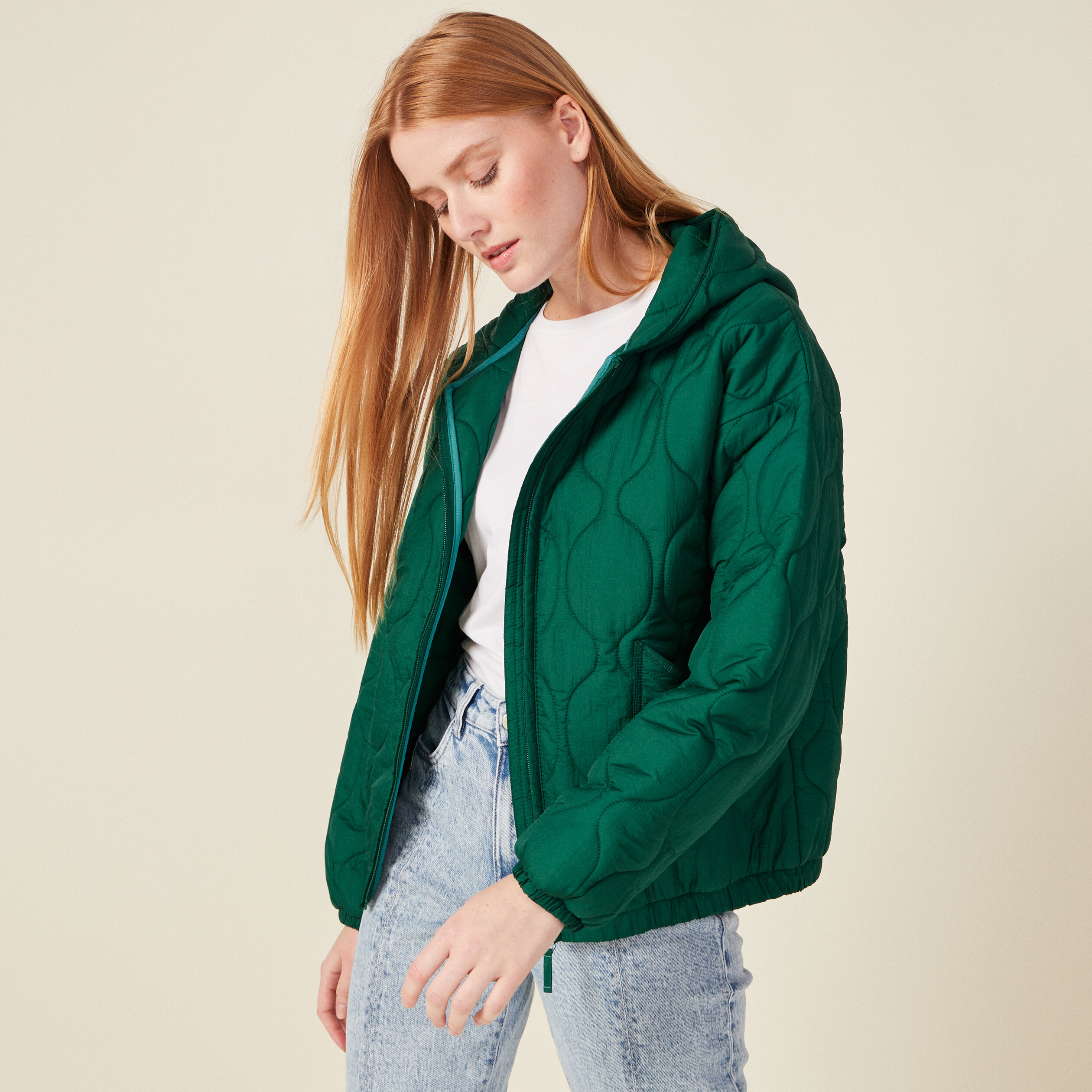 Doudoune droite à capuche vert femme