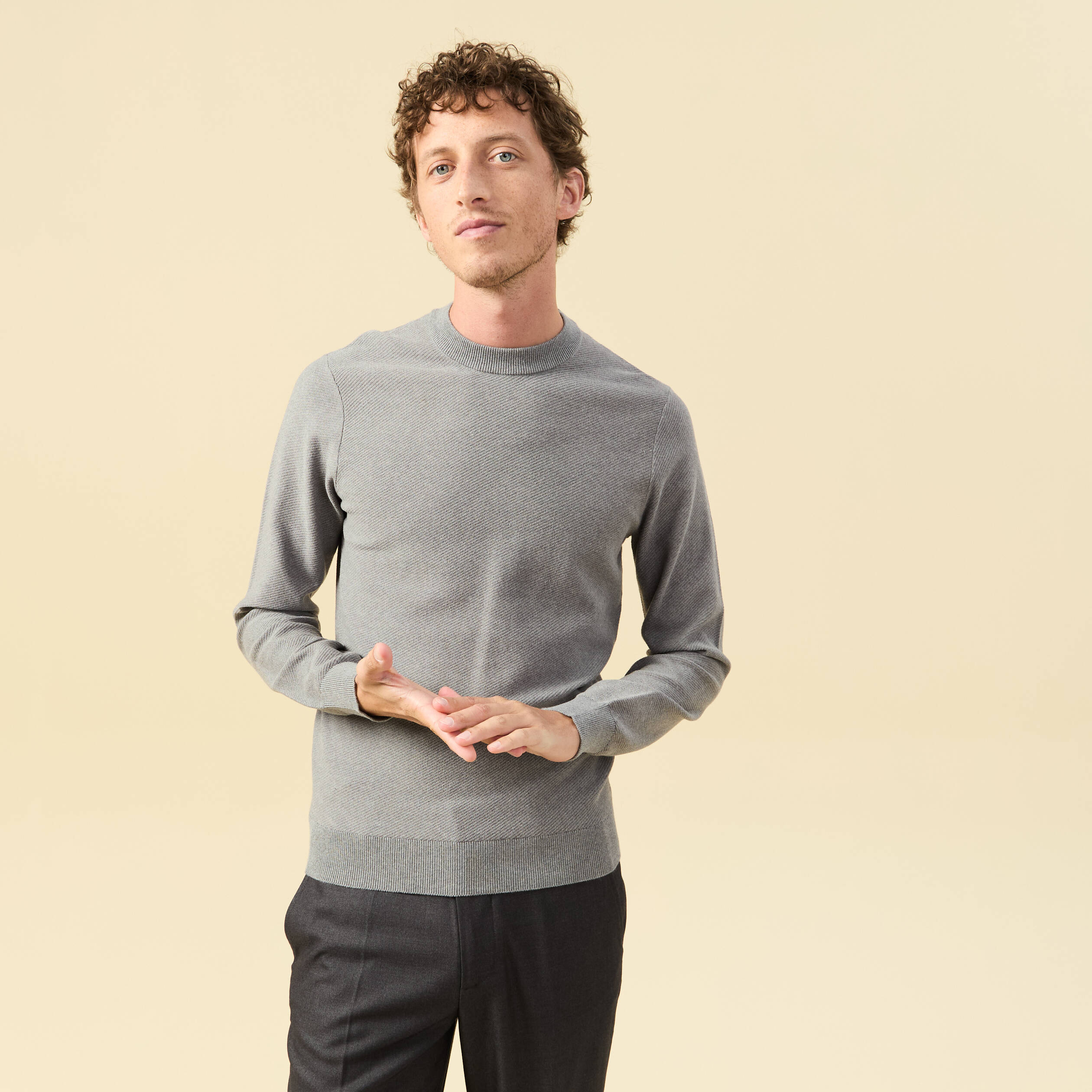 Pull col rond manches longues gris homme