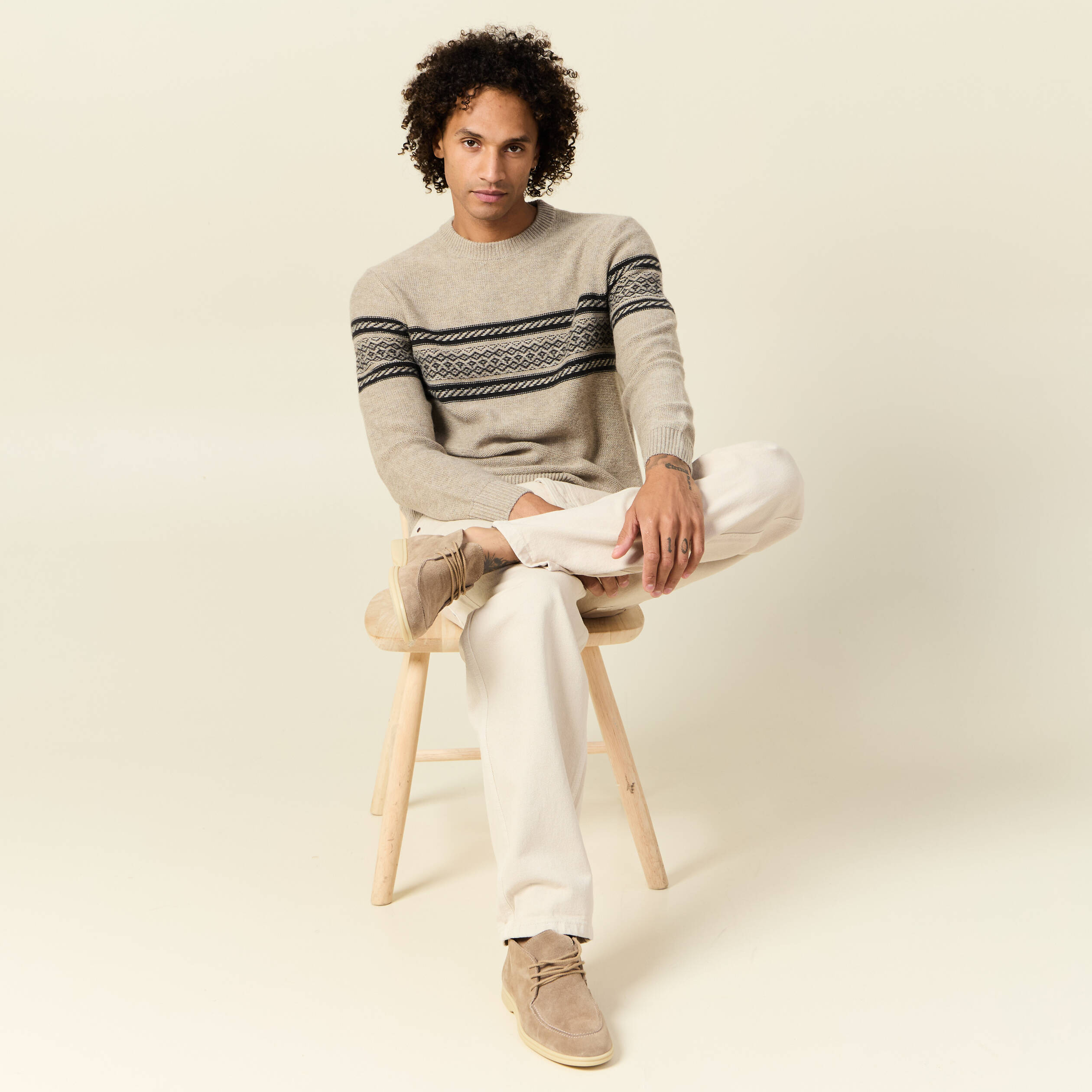 Pull manches longues beige homme