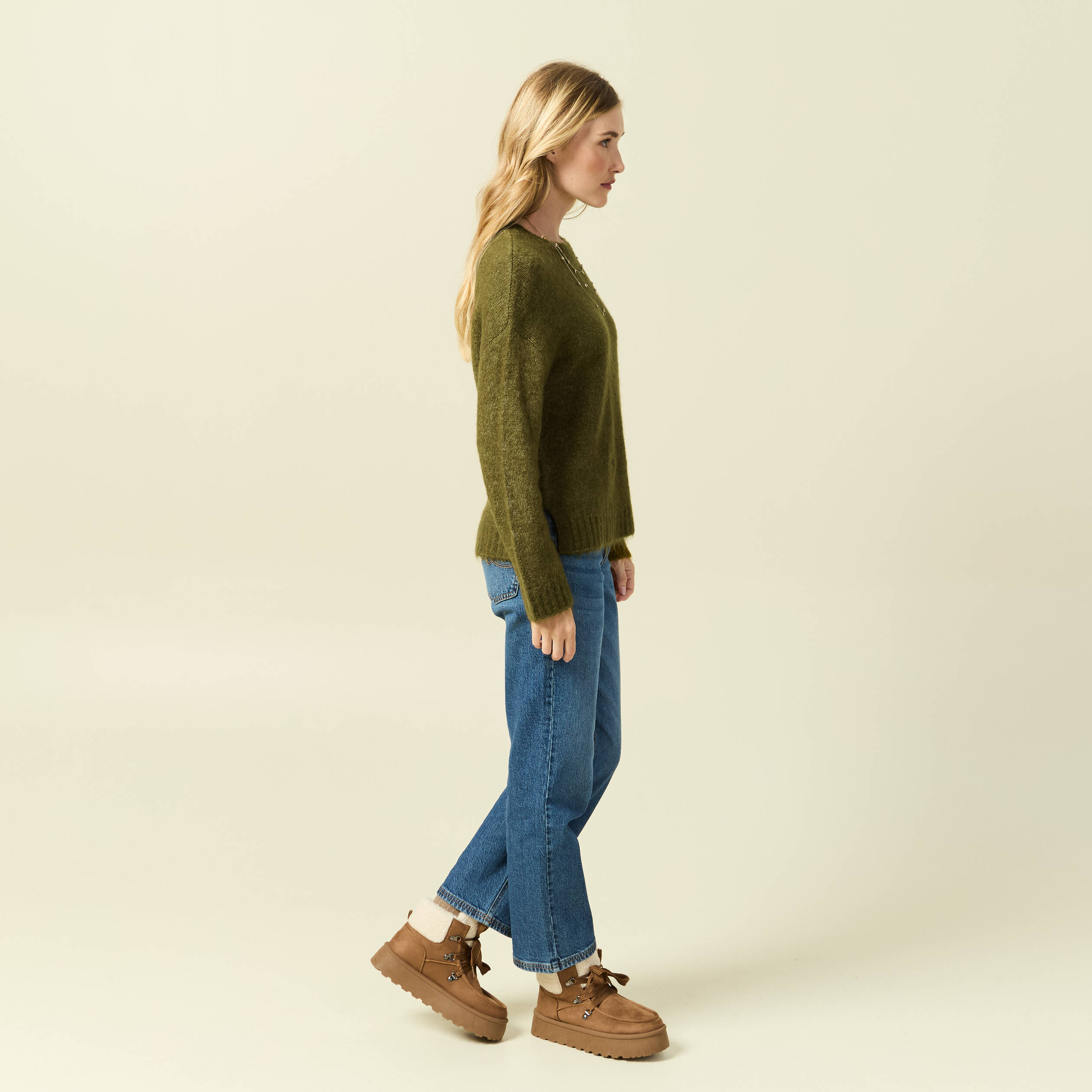Pull col rond manches longues vert kaki femme