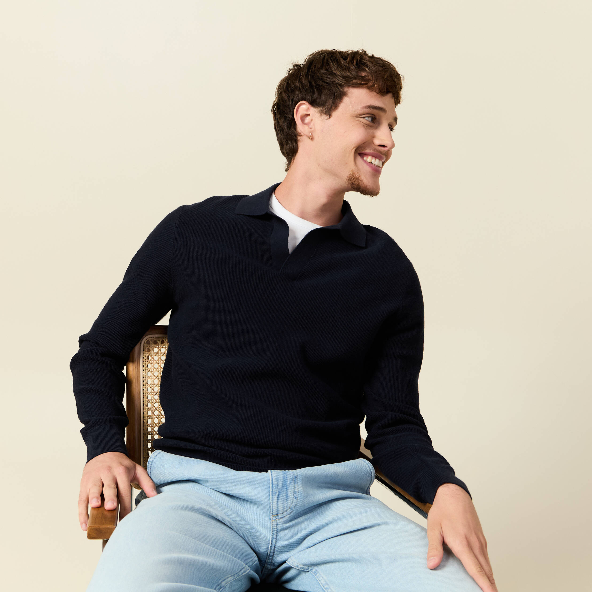 Pull droit col polo manches longues bleu marine homme