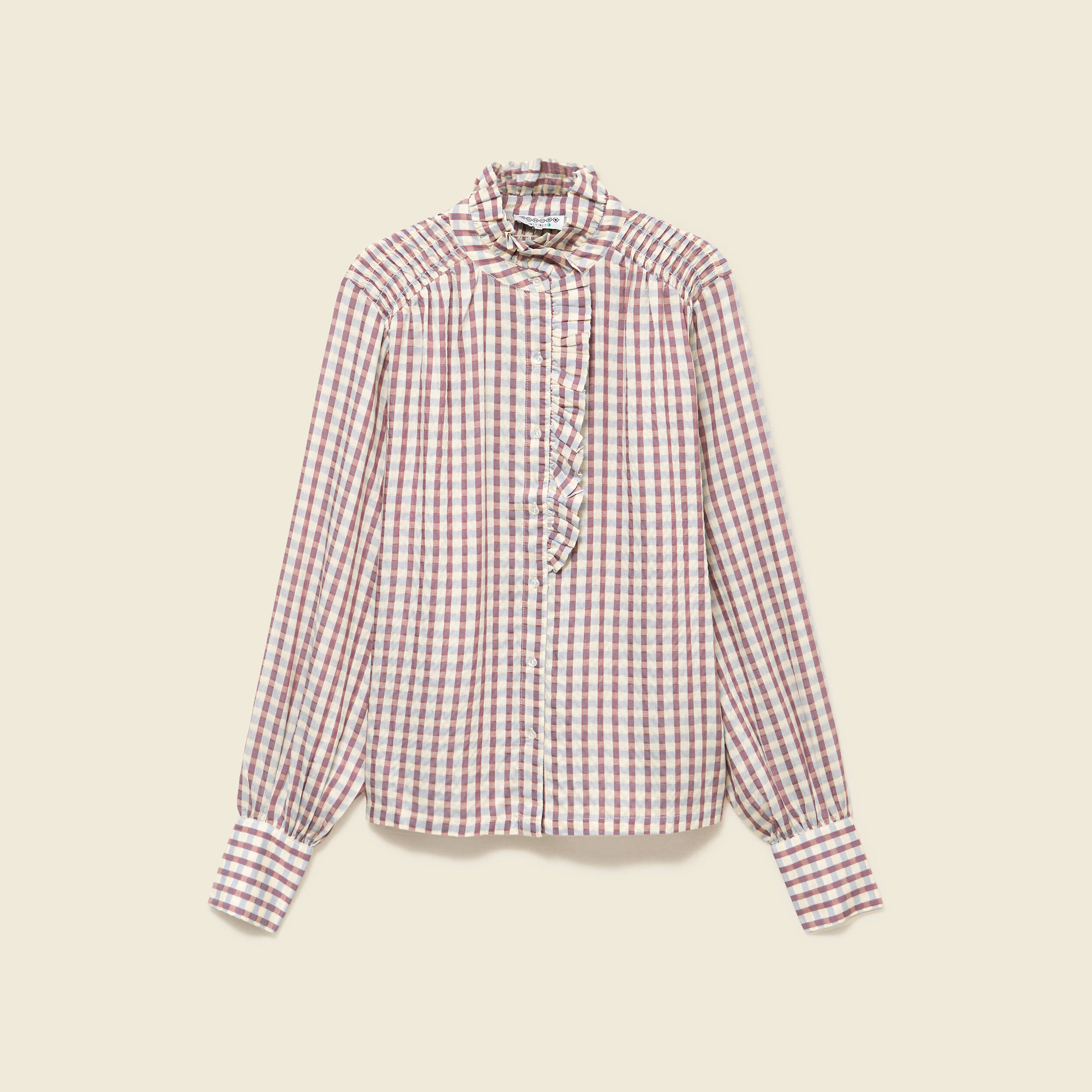 Chemise manches longues col montant marron cognac femme