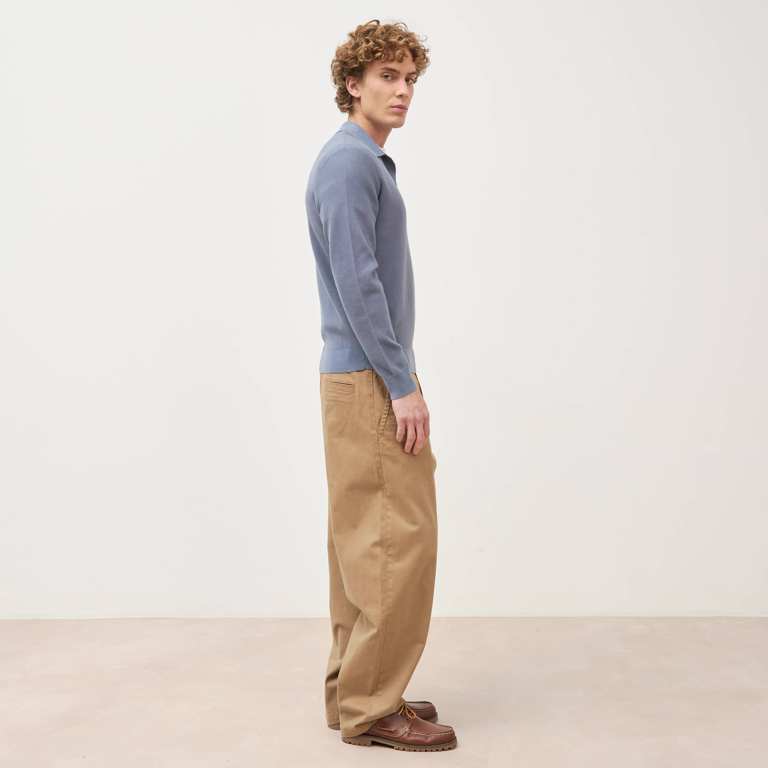 Pull droit col polo manches longues bleu gris homme