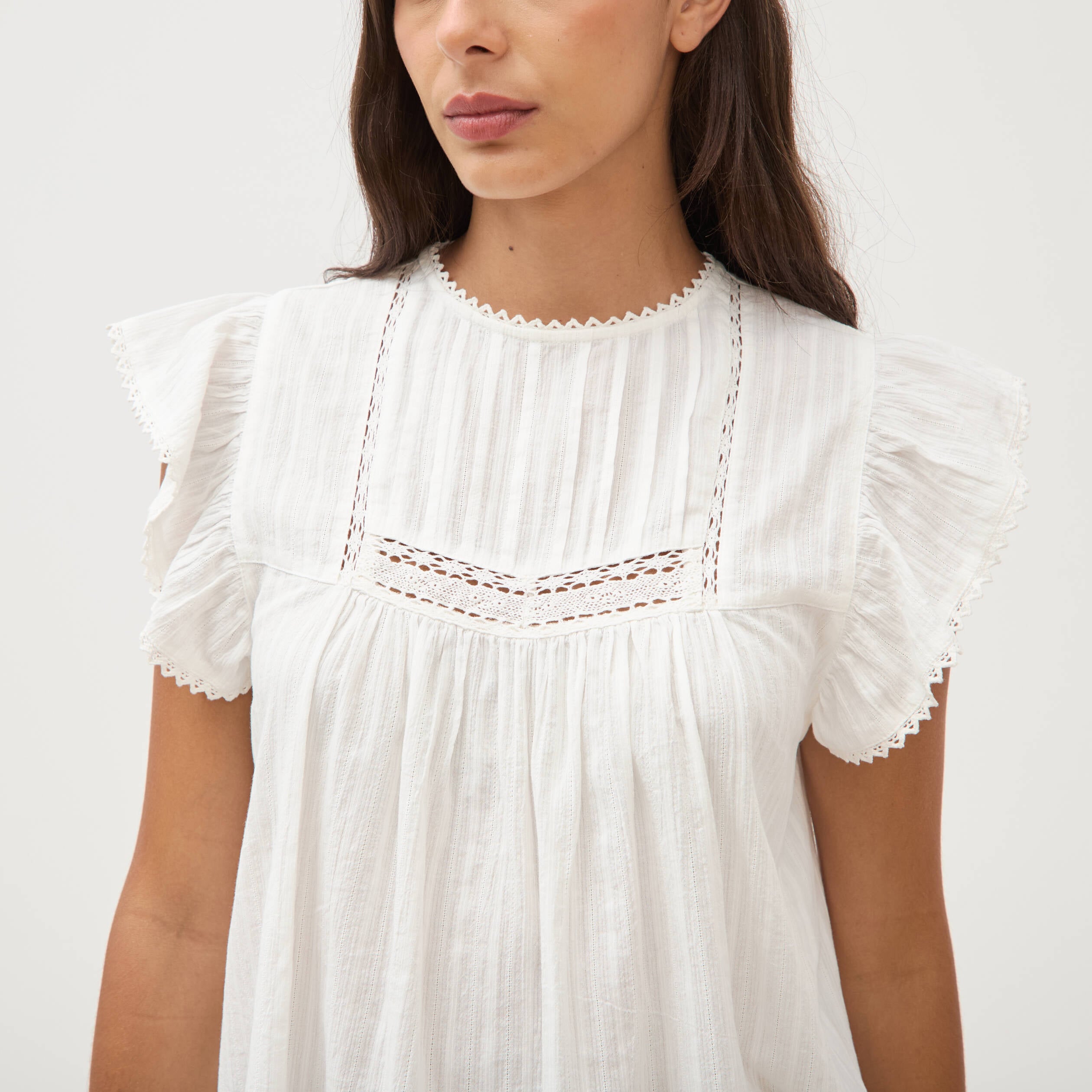Top col rond manches courtes en coton ecru femme