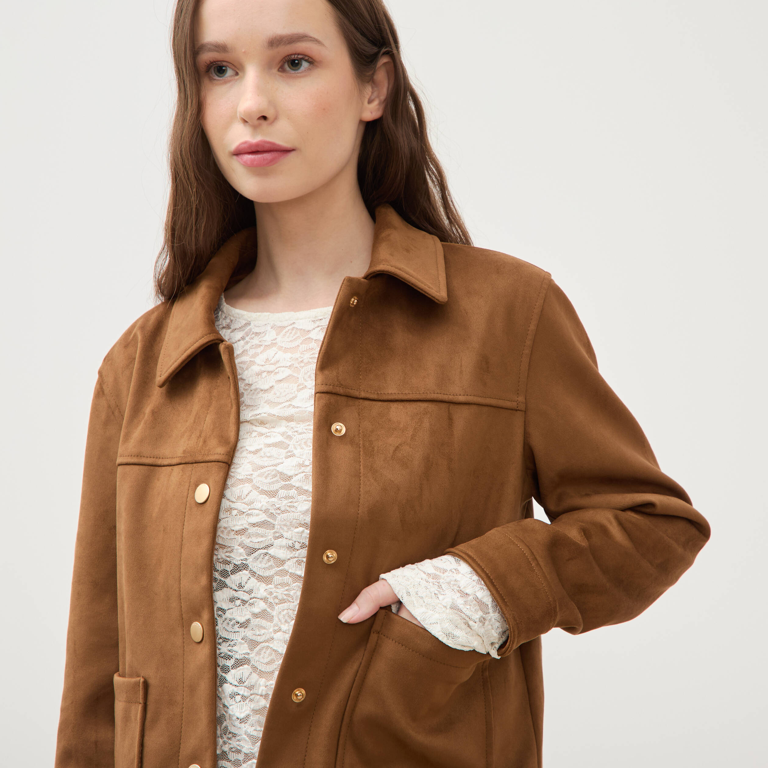 Blouson manches longues col classique marron femme