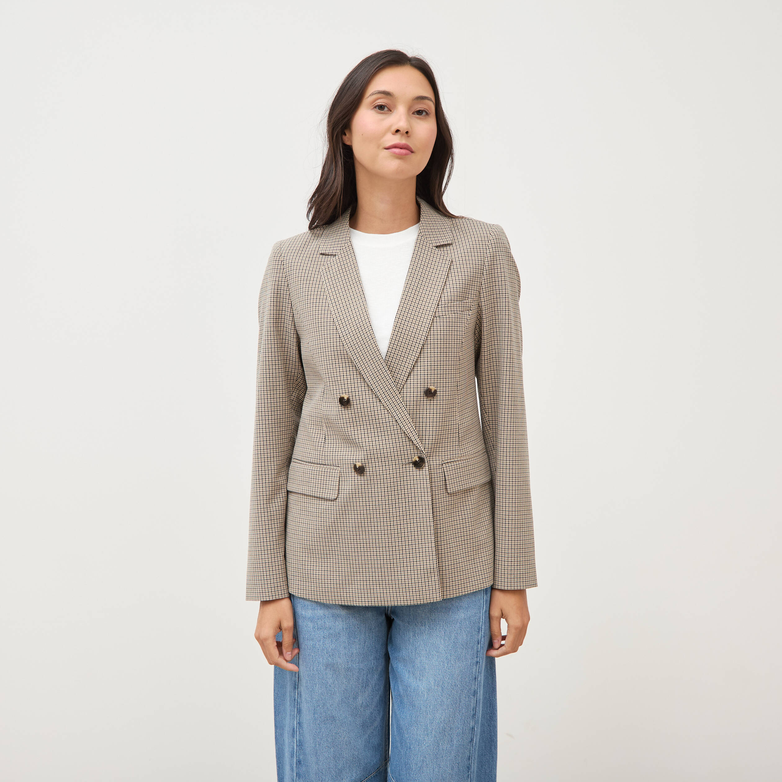 Blazer &agrave; carreaux col tailleur gris femme