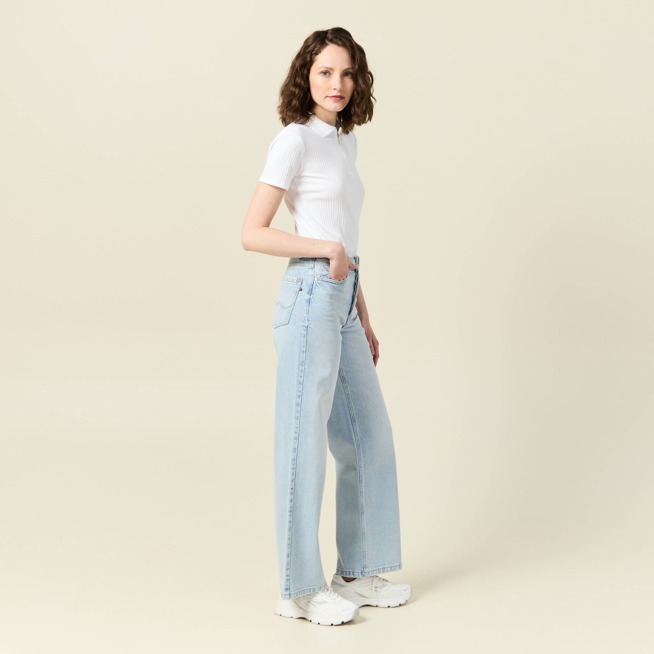 Jeans large taille haute denim bleach femme