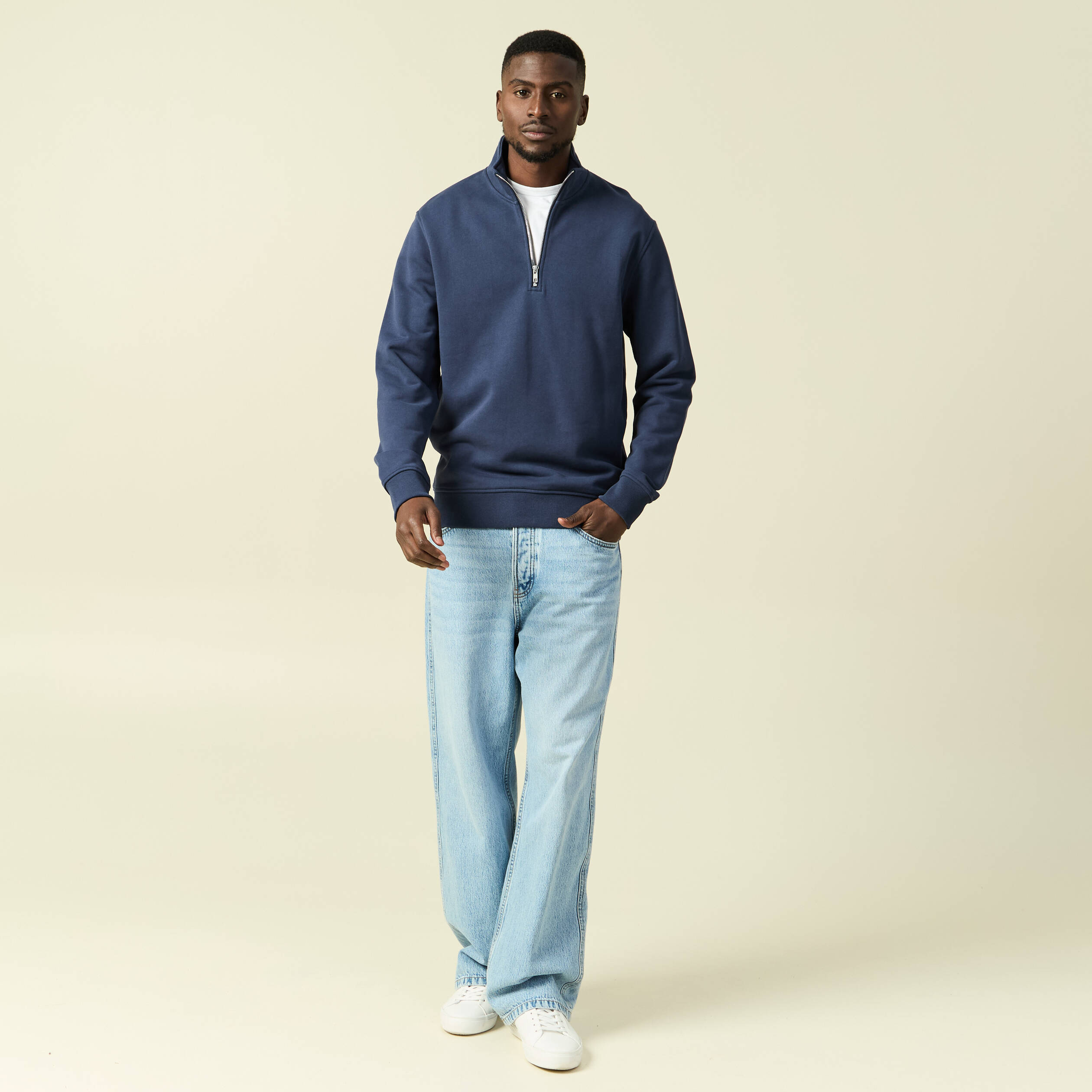 Sweat col montant manches longues bleu marine homme