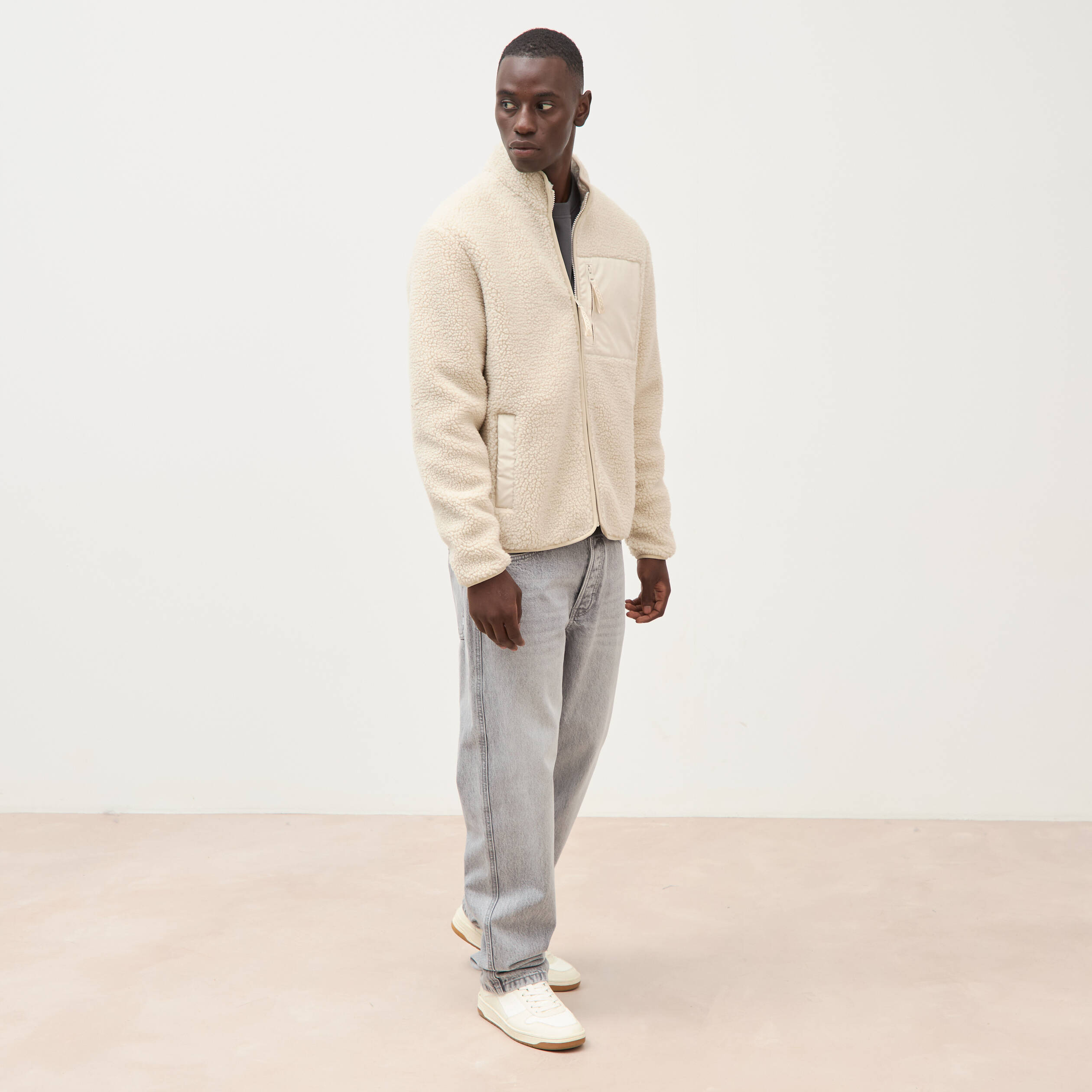 Veste droite sherpa col montant sable homme