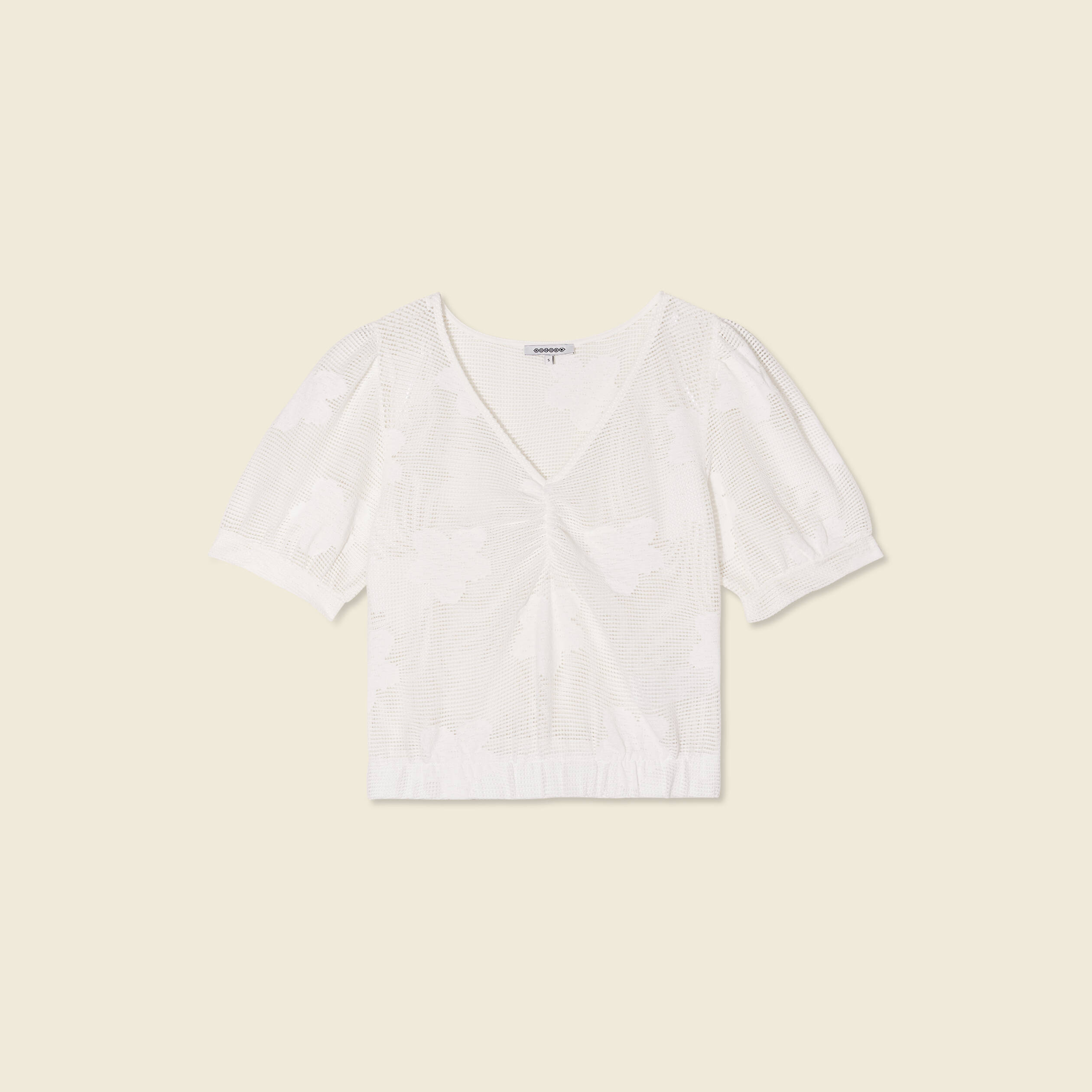 t shirt manches courtes ajoure creme femme T-shirt manches courtes ajouré creme femme