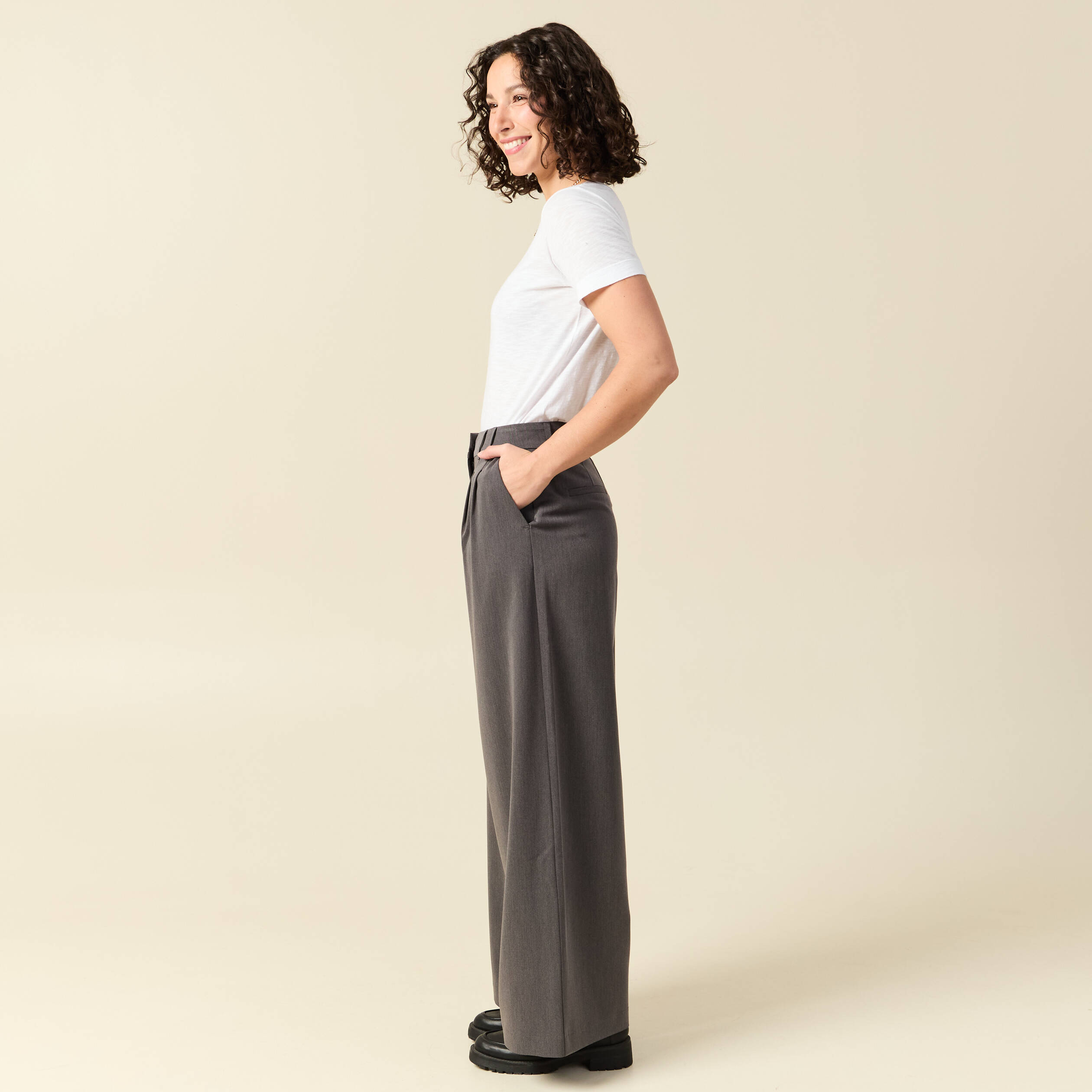 Pantalon large taille haute fluide gris femme