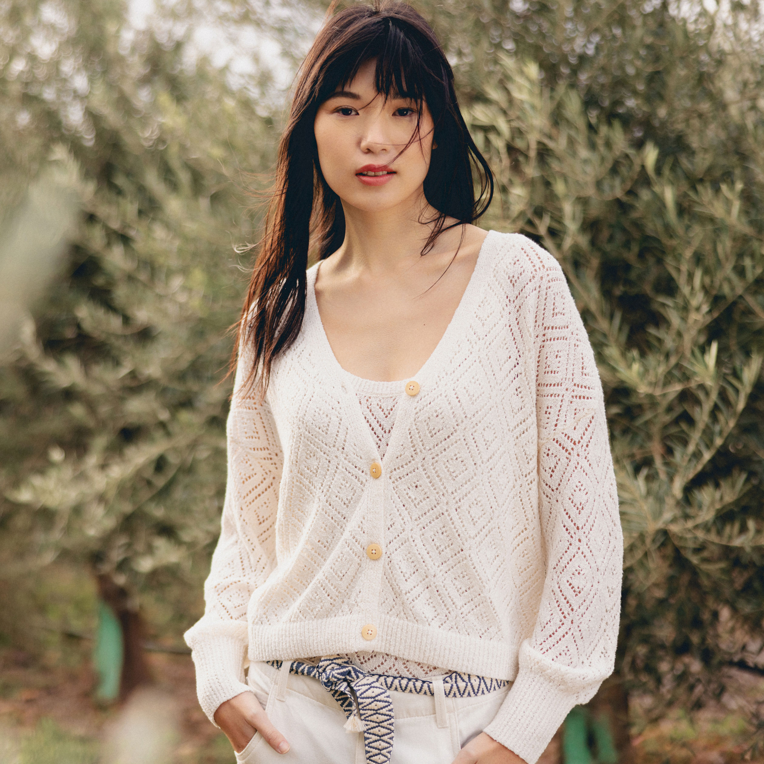 Gilet ajoure eco responsable creme femme Bonobo