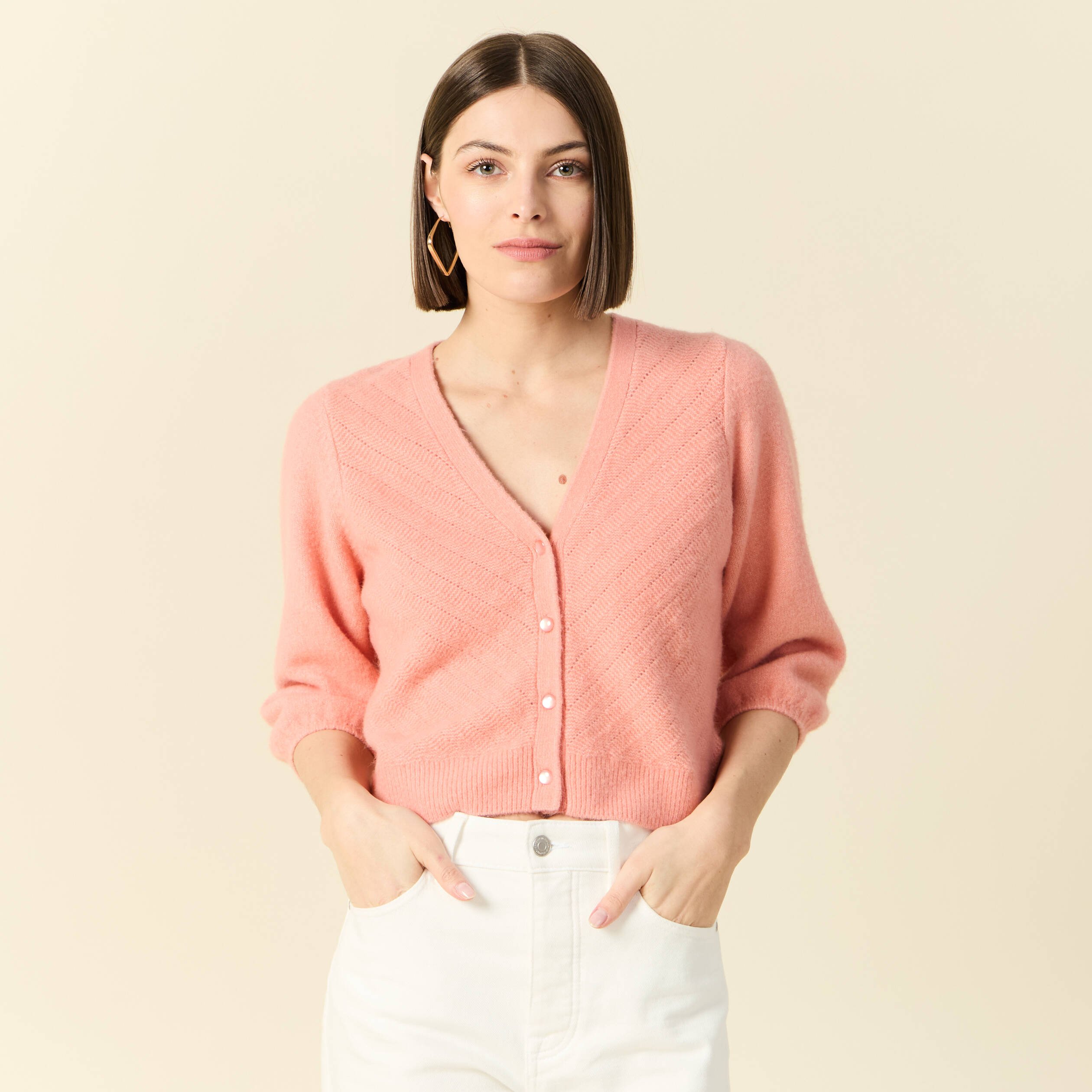 gilet manches 34 rose saumon femme Gilet manches 3/4 rose saumon femme