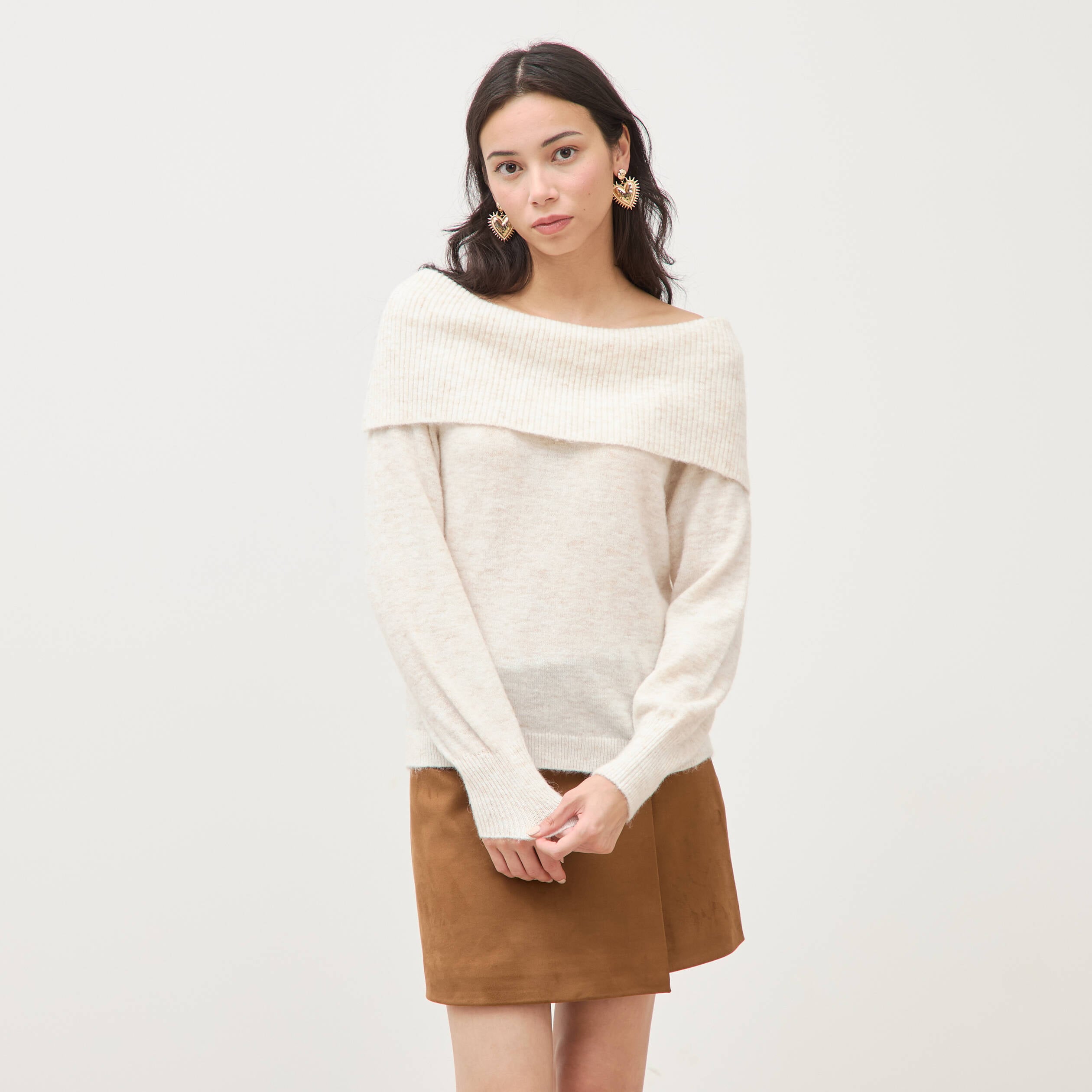 Pull droit manches longues bardot ecru femme