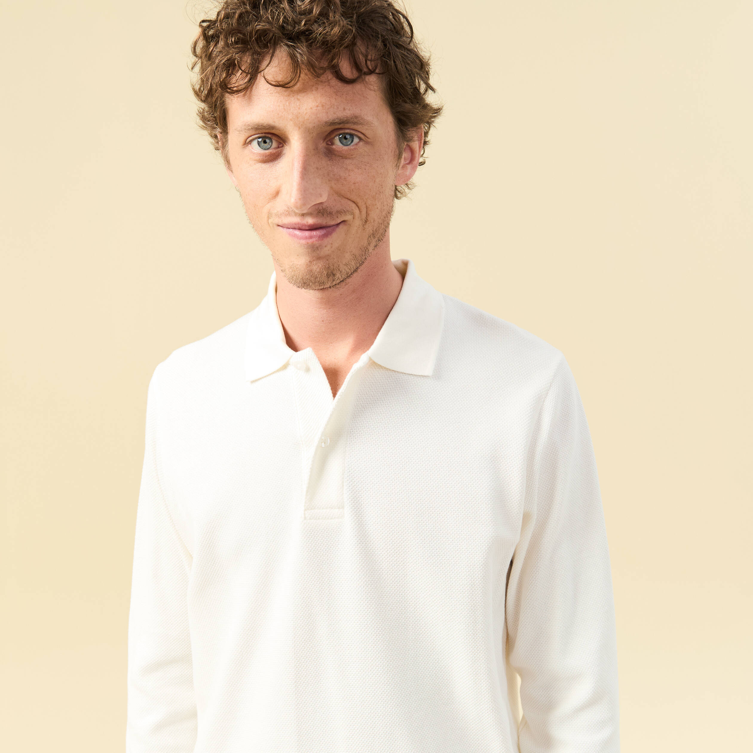 Polo manches longues en coton ecru homme