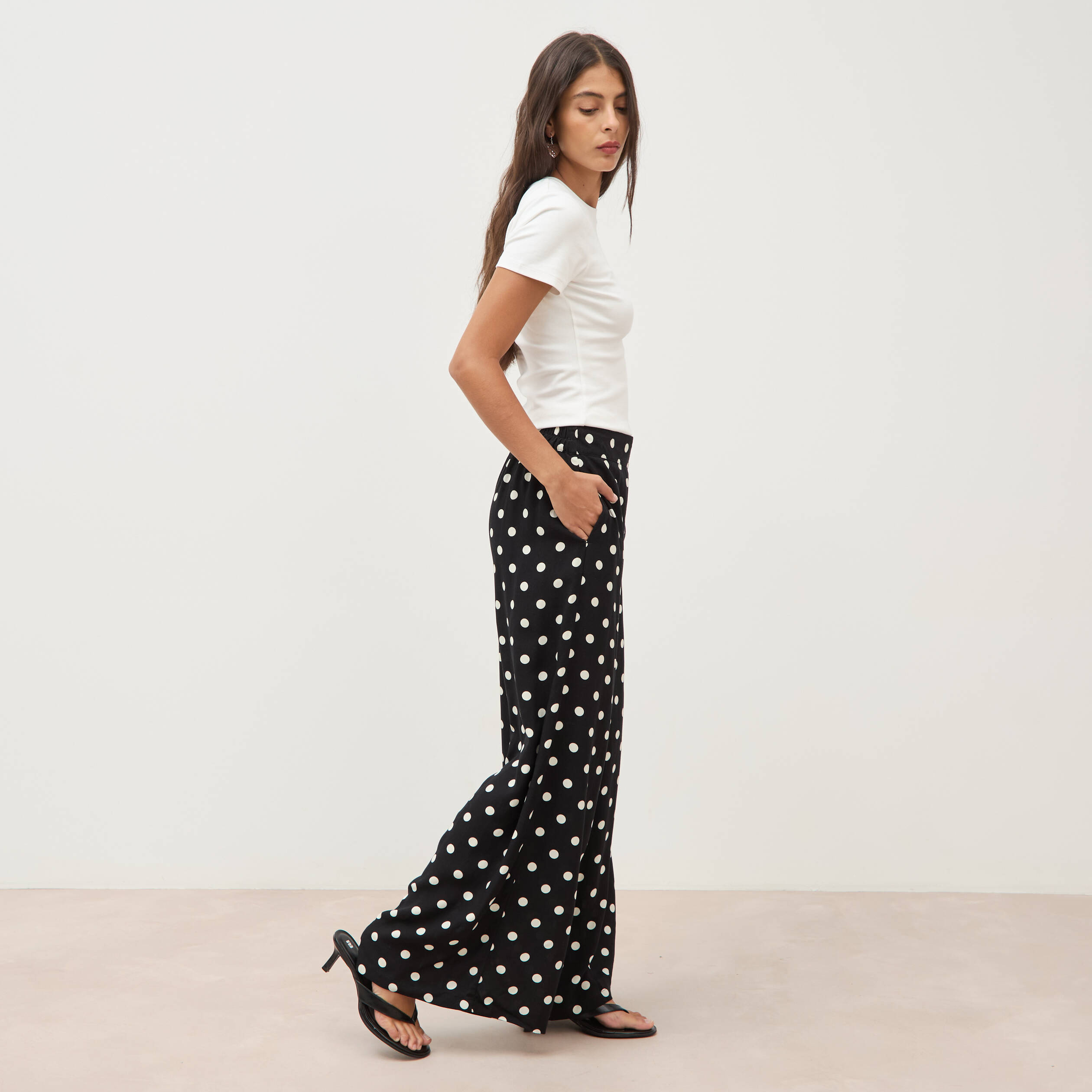 Pantalon large taille haute noir femme