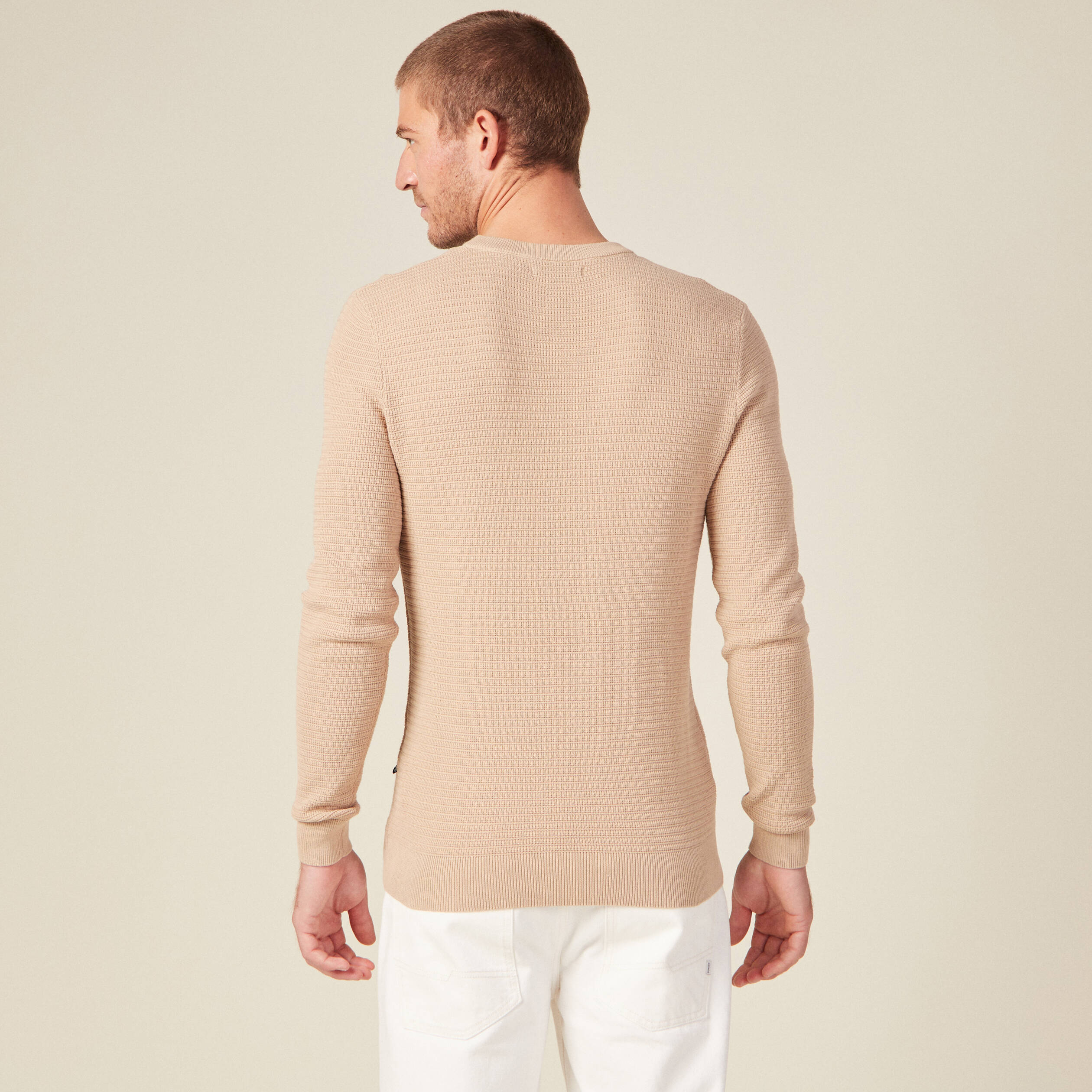Pull manches longues col rond beige homme