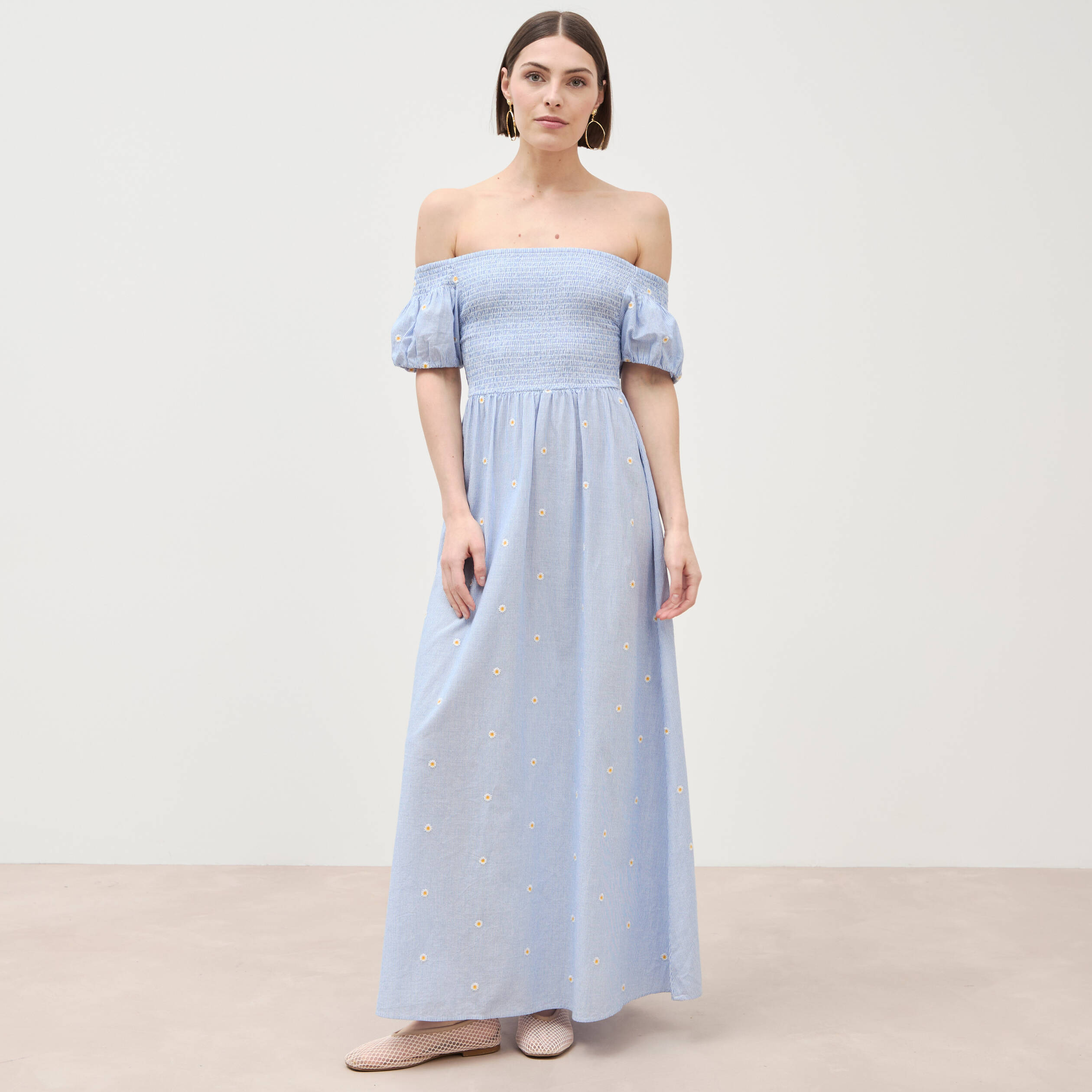 Robe col carr&eacute; manches courtes coton blanc femme