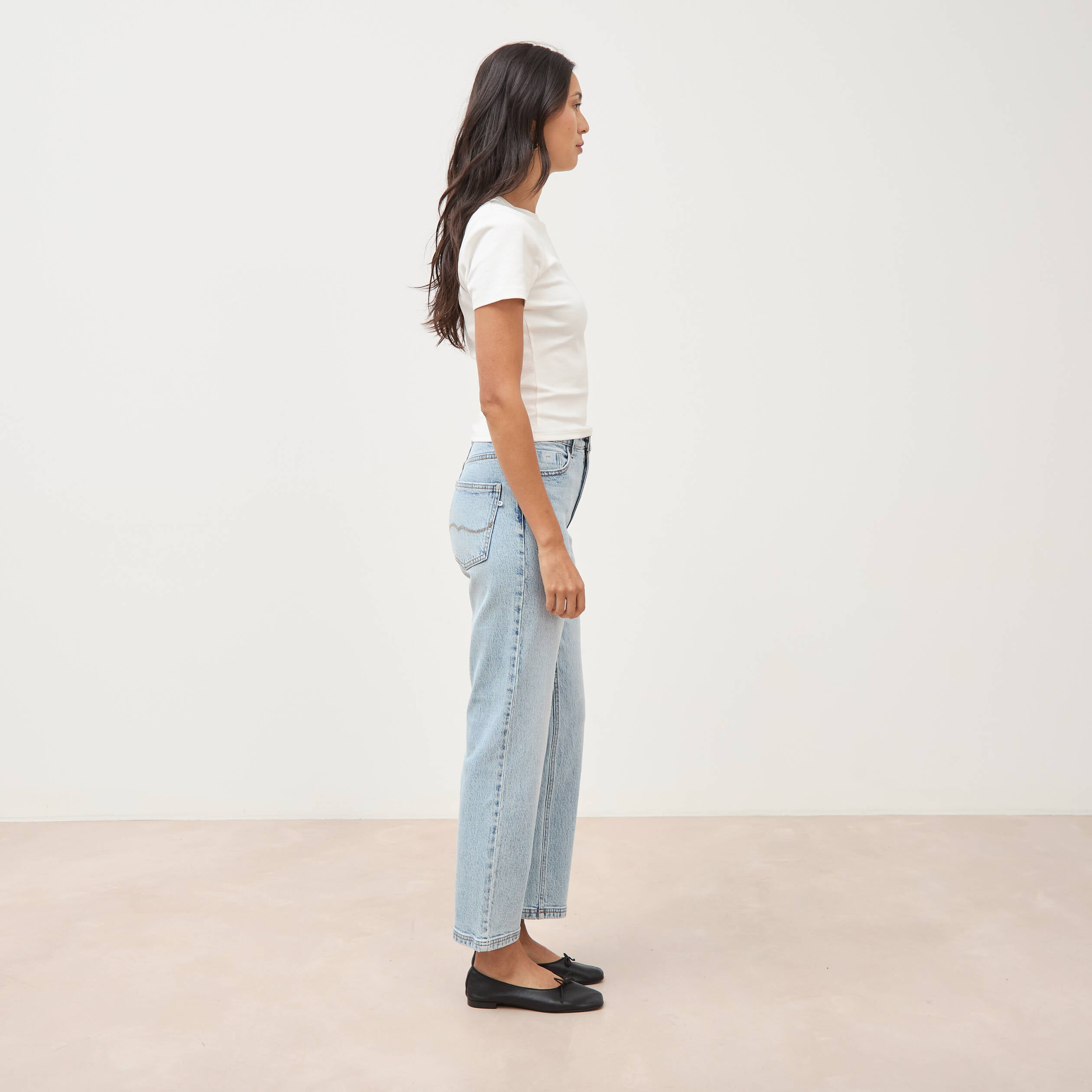 Jeans straight 7/8&egrave;me taille haute denim bleach femme